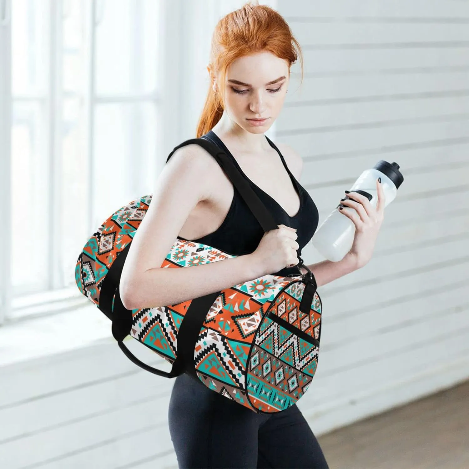 Seamless Navajo Tribal Ethnic Turquoise Orange White pattern Duffel Bag, Foldable Canvas Travel Tote for Gym Sports with Inner Pockets, Durable Lightweight Fitness Bag for Overnight Workout