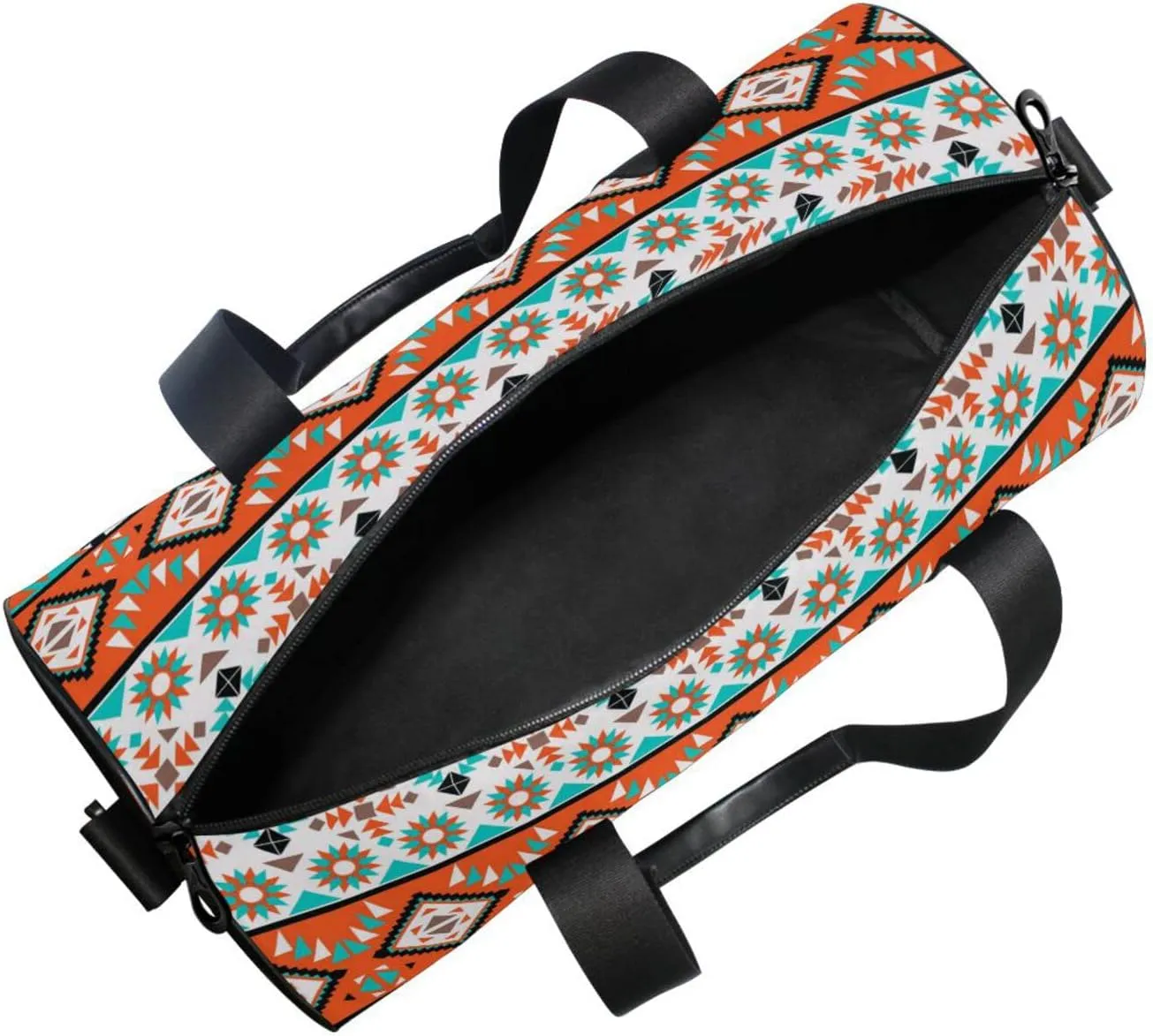 Seamless Navajo Tribal Ethnic Turquoise Orange White pattern Duffel Bag, Foldable Canvas Travel Tote for Gym Sports with Inner Pockets, Durable Lightweight Fitness Bag for Overnight Workout