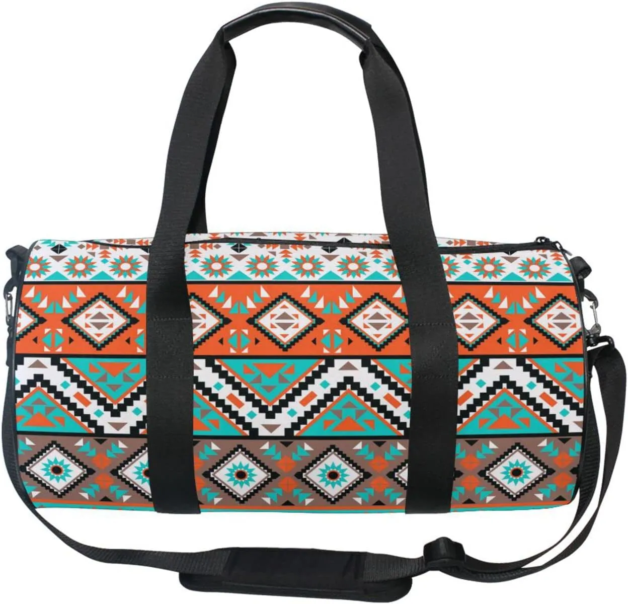 Seamless Navajo Tribal Ethnic Turquoise Orange White pattern Duffel Bag, Foldable Canvas Travel Tote for Gym Sports with Inner Pockets, Durable Lightweight Fitness Bag for Overnight Workout