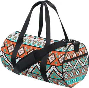 Seamless Navajo Tribal Ethnic Turquoise Orange White pattern Duffel Bag, Foldable Canvas Travel Tote for Gym Sports with Inner Pockets, Durable Lightweight Fitness Bag for Overnight Workout