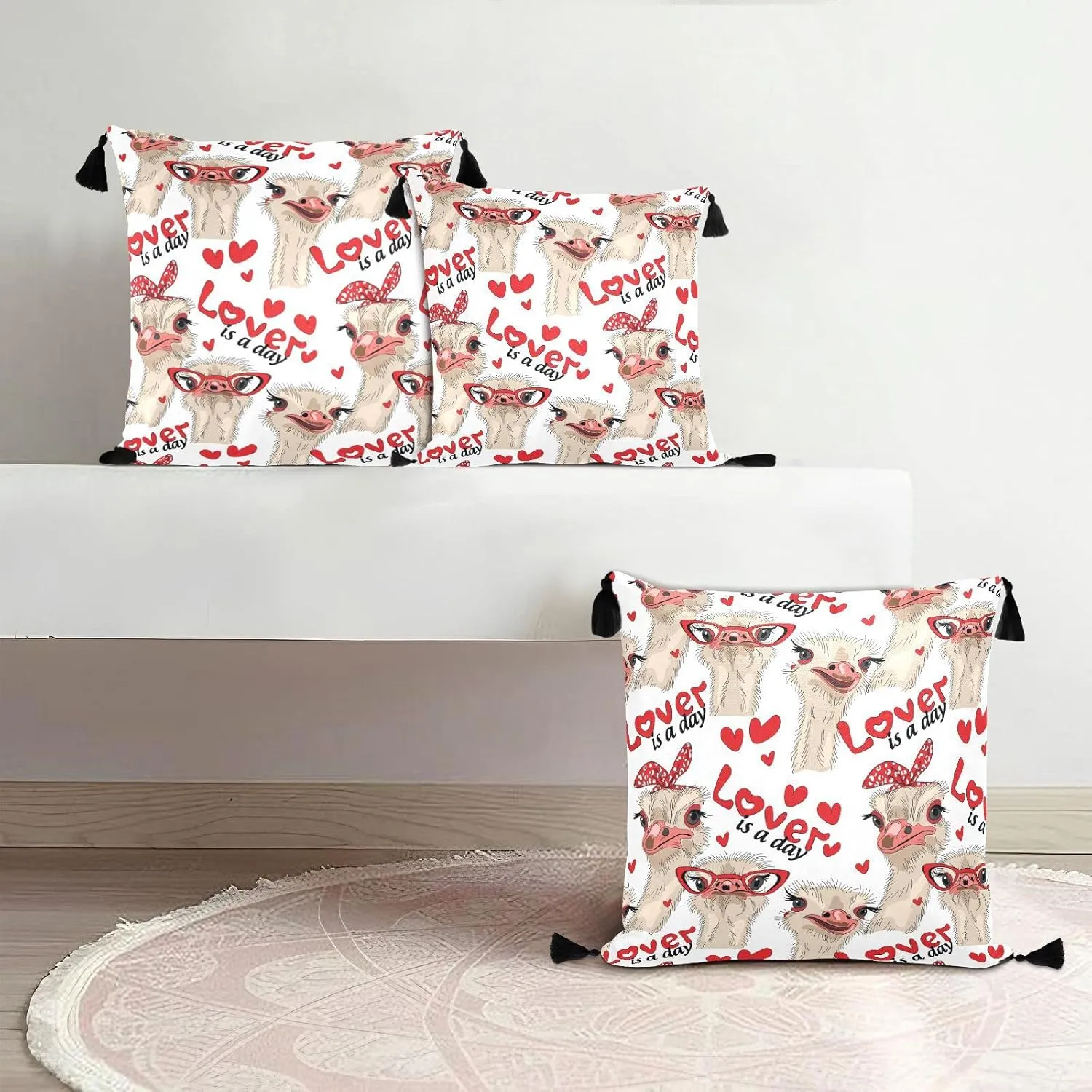 Seamless Ostriches with Red Glasses Hairpins Lover is a Day Letterings One Side Linen-like Pillow Case Sham Cushion Case Cover with Core, Soft Bed Pillow Case Throw Pillowcase with Core 20x20 inches