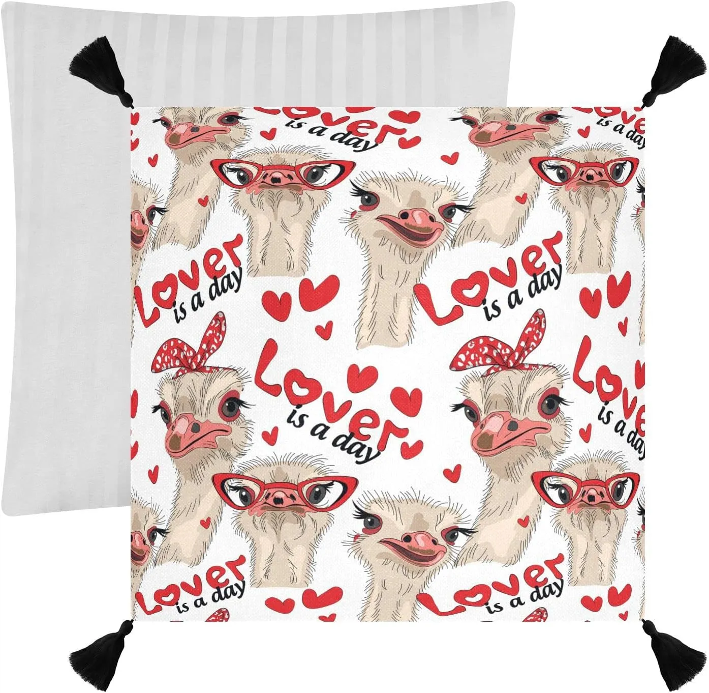 Seamless Ostriches with Red Glasses Hairpins Lover is a Day Letterings One Side Linen-like Pillow Case Sham Cushion Case Cover with Core, Soft Bed Pillow Case Throw Pillowcase with Core 20x20 inches