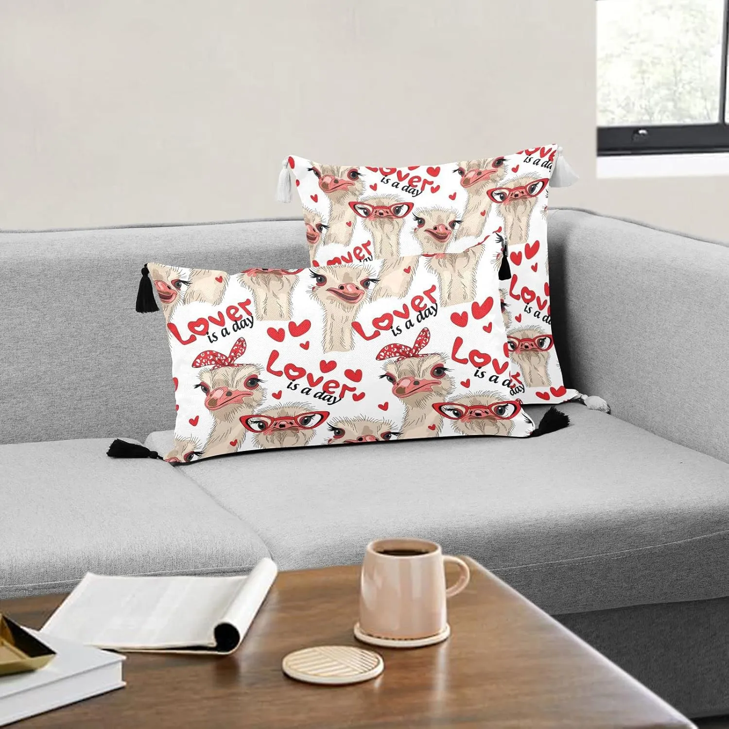 Seamless Ostriches with Red Glasses Hairpins Lover is a Day Letterings One Side Linen-like Pillow Case Sham Cushion Case Cover with Core, Soft Bed Pillow Case Throw Pillowcase with Core 20x20 inches