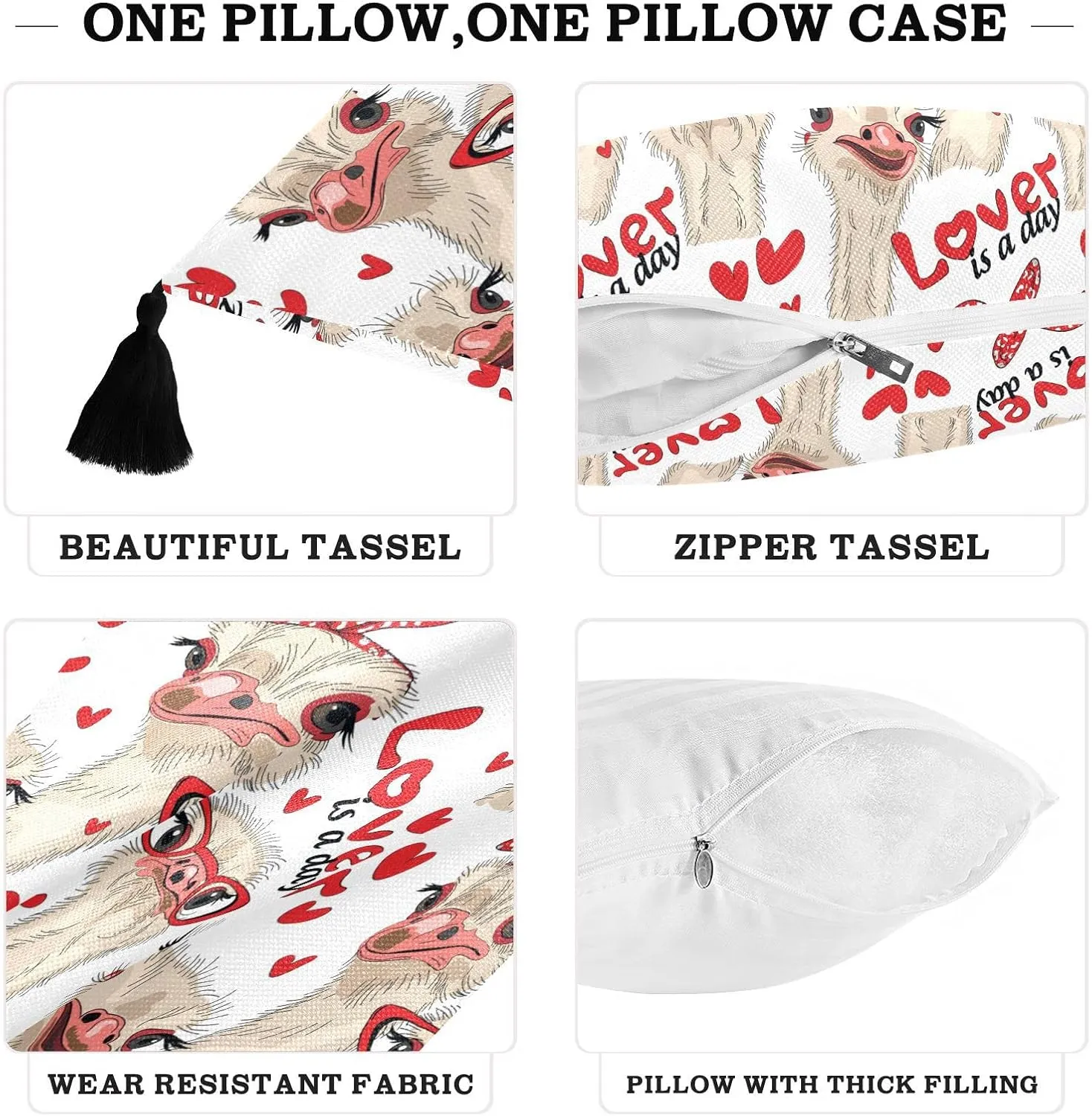 Seamless Ostriches with Red Glasses Hairpins Lover is a Day Letterings One Side Linen-like Pillow Case Sham Cushion Case Cover with Core, Soft Bed Pillow Case Throw Pillowcase with Core 20x20 inches