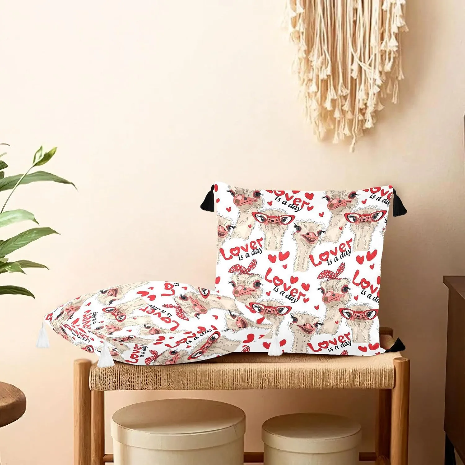 Seamless Ostriches with Red Glasses Hairpins Lover is a Day Letterings One Side Linen-like Pillow Case Sham Cushion Case Cover with Core, Soft Bed Pillow Case Throw Pillowcase with Core 20x20 inches