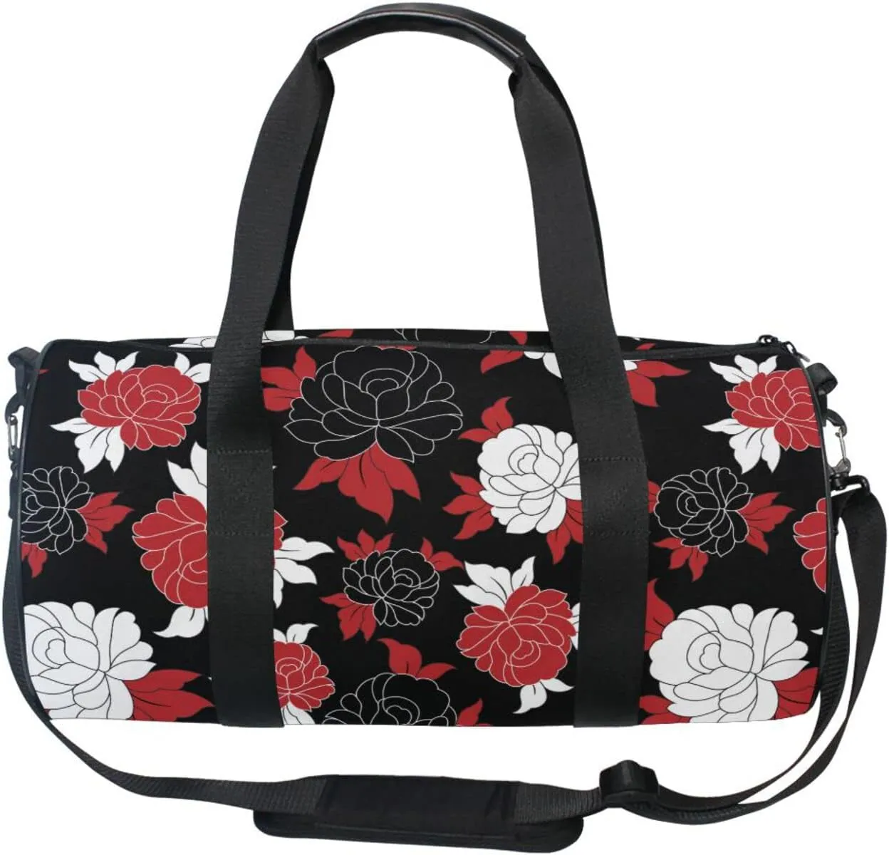 Seamless Traditional Flowers Black White Red Flower on Black Duffel Bag, Foldable Canvas Travel Tote for Gym Sports with Inner Pockets, Durable Lightweight Fitness Bag for Overnight Workout