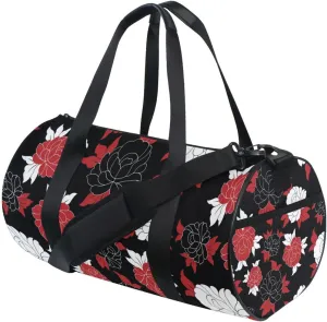 Seamless Traditional Flowers Black White Red Flower on Black Duffel Bag, Foldable Canvas Travel Tote for Gym Sports with Inner Pockets, Durable Lightweight Fitness Bag for Overnight Workout