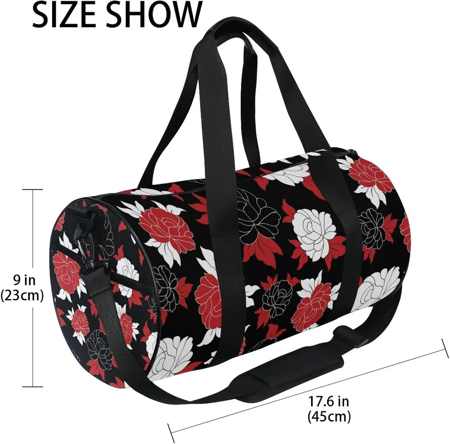 Seamless Traditional Flowers Black White Red Flower on Black Duffel Bag, Foldable Canvas Travel Tote for Gym Sports with Inner Pockets, Durable Lightweight Fitness Bag for Overnight Workout