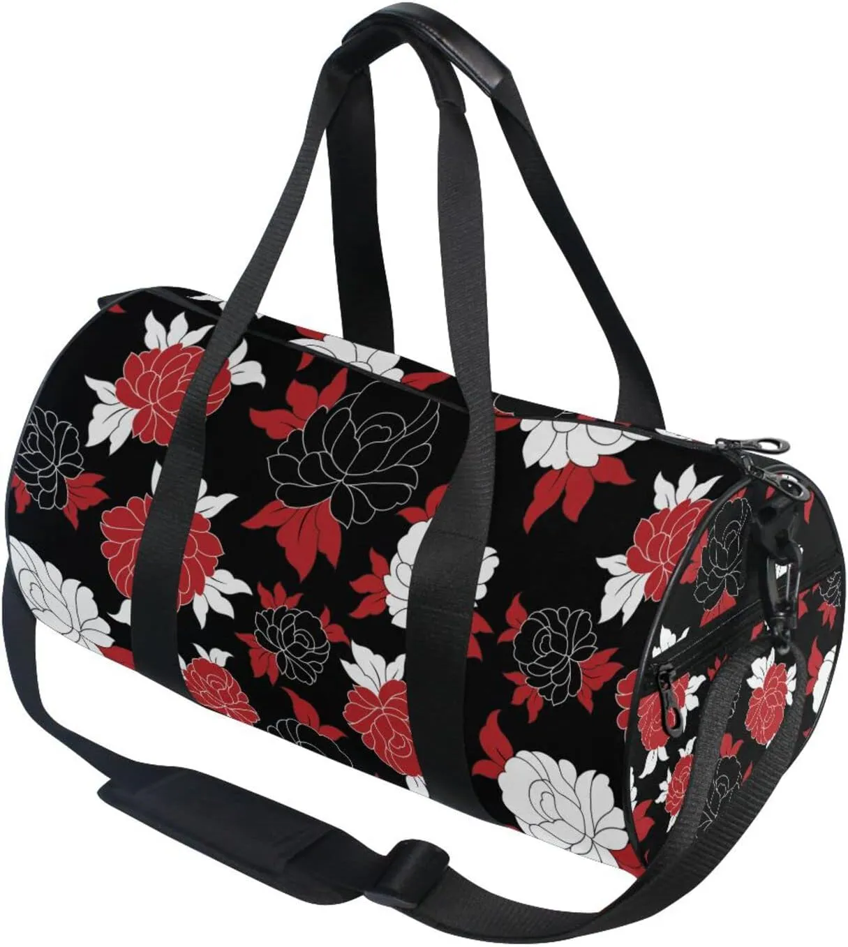 Seamless Traditional Flowers Black White Red Flower on Black Duffel Bag, Foldable Canvas Travel Tote for Gym Sports with Inner Pockets, Durable Lightweight Fitness Bag for Overnight Workout