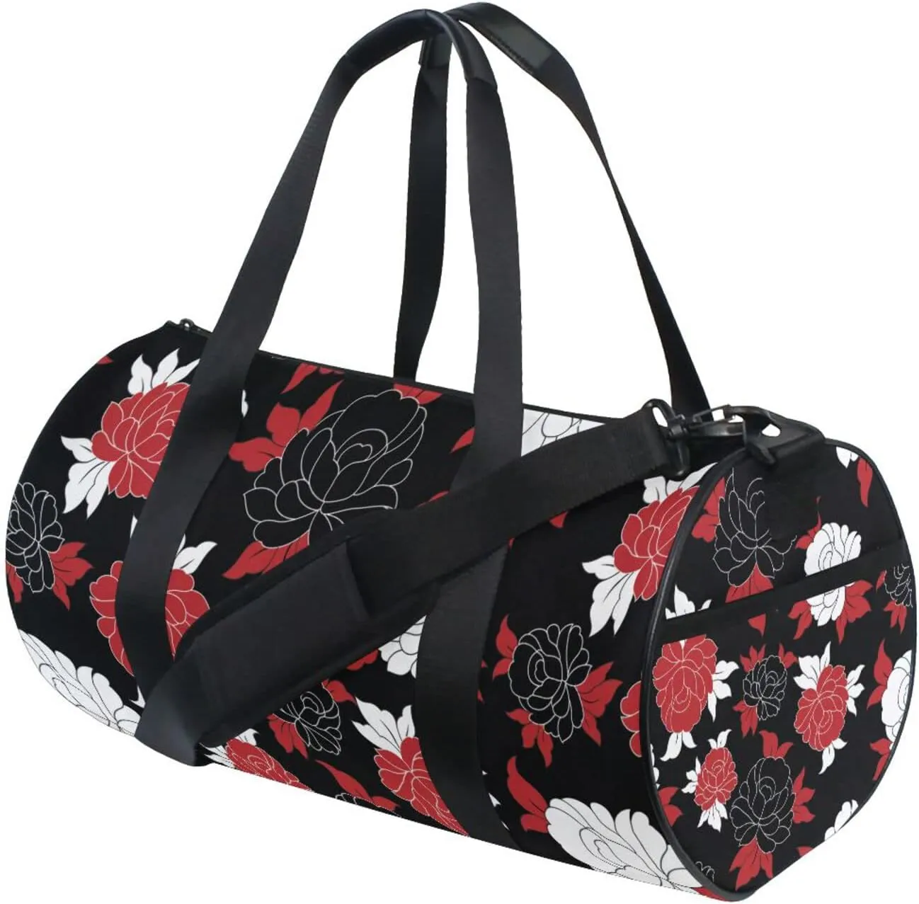Seamless Traditional Flowers Black White Red Flower on Black Duffel Bag, Foldable Canvas Travel Tote for Gym Sports with Inner Pockets, Durable Lightweight Fitness Bag for Overnight Workout