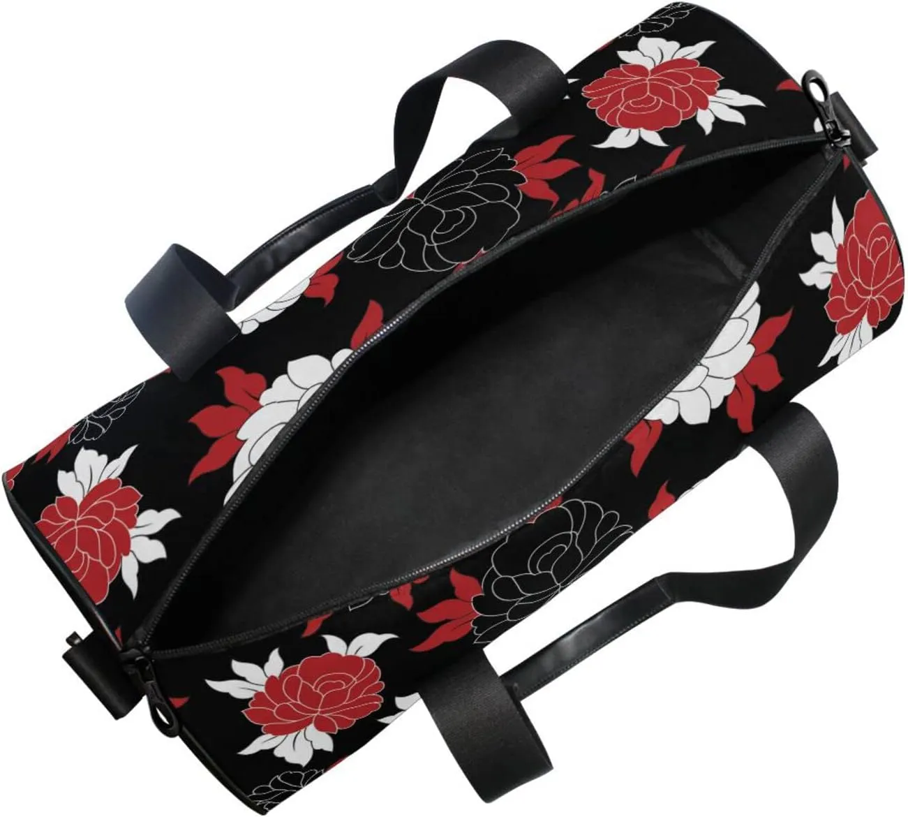 Seamless Traditional Flowers Black White Red Flower on Black Duffel Bag, Foldable Canvas Travel Tote for Gym Sports with Inner Pockets, Durable Lightweight Fitness Bag for Overnight Workout