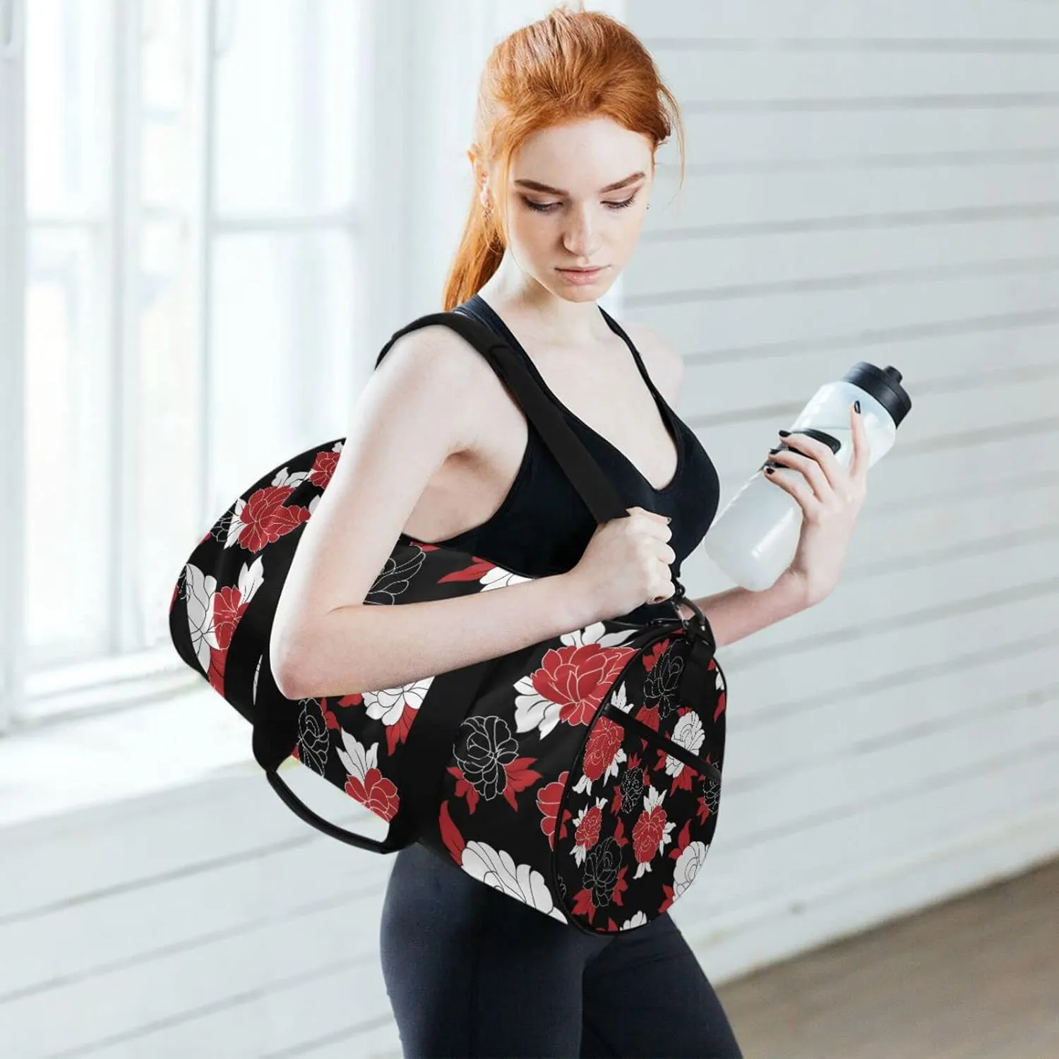 Seamless Traditional Flowers Black White Red Flower on Black Duffel Bag, Foldable Canvas Travel Tote for Gym Sports with Inner Pockets, Durable Lightweight Fitness Bag for Overnight Workout