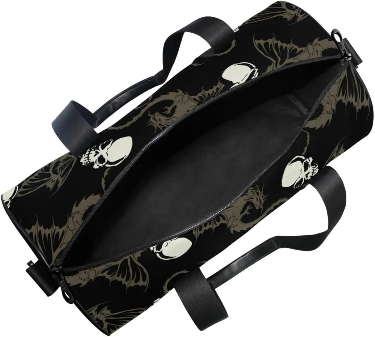 Seamless White Skull with Retro Wings Flying Dragon on Dark Black Duffel Bag, Foldable Canvas Travel Tote for Gym Sports with Inner Pockets, Durable Lightweight Fitness Bag for Overnight Workout