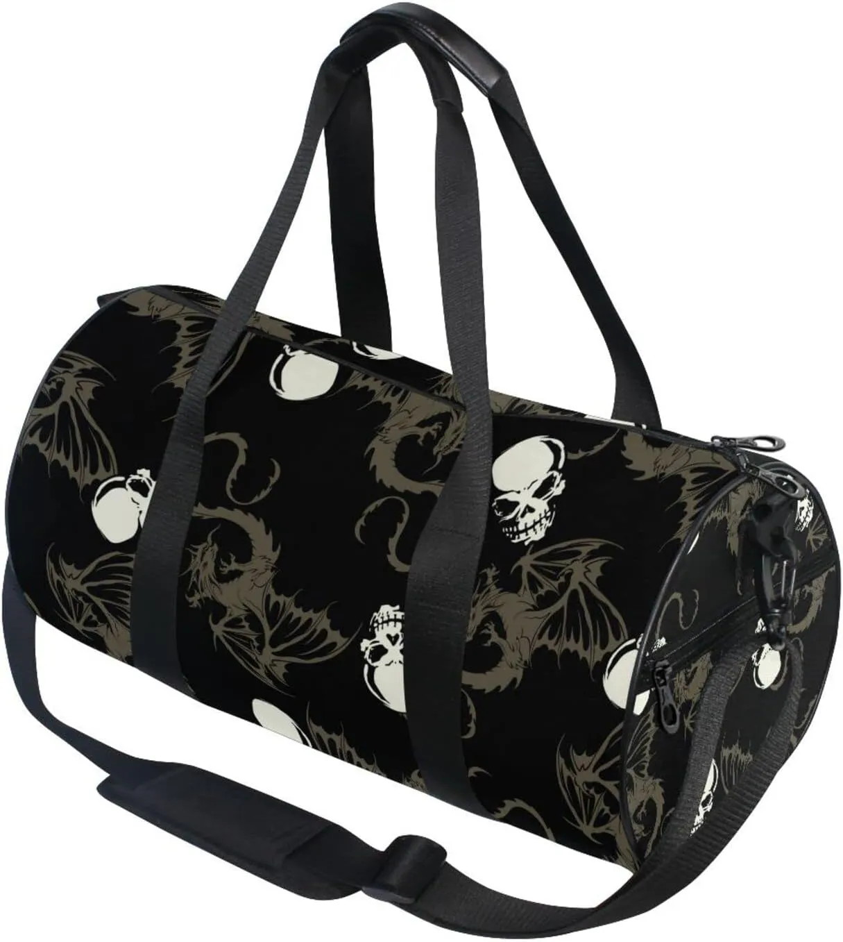 Seamless White Skull with Retro Wings Flying Dragon on Dark Black Duffel Bag, Foldable Canvas Travel Tote for Gym Sports with Inner Pockets, Durable Lightweight Fitness Bag for Overnight Workout