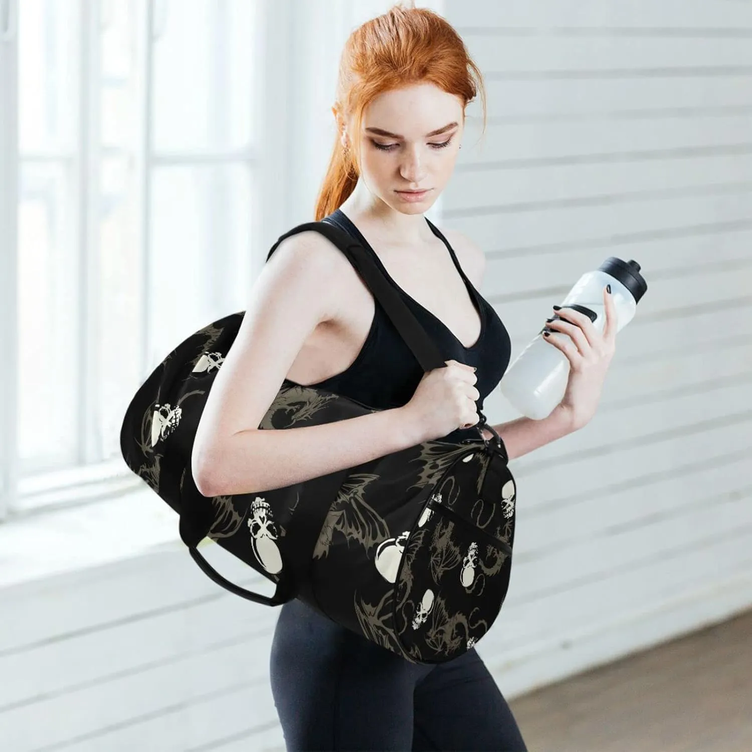 Seamless White Skull with Retro Wings Flying Dragon on Dark Black Duffel Bag, Foldable Canvas Travel Tote for Gym Sports with Inner Pockets, Durable Lightweight Fitness Bag for Overnight Workout
