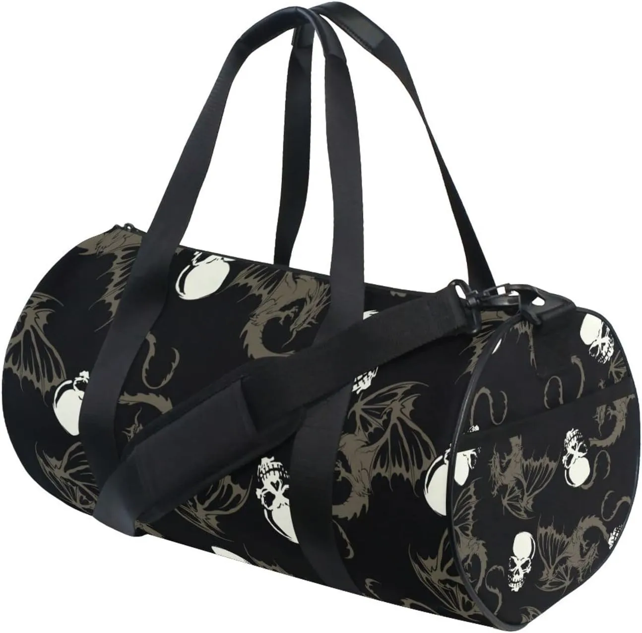 Seamless White Skull with Retro Wings Flying Dragon on Dark Black Duffel Bag, Foldable Canvas Travel Tote for Gym Sports with Inner Pockets, Durable Lightweight Fitness Bag for Overnight Workout