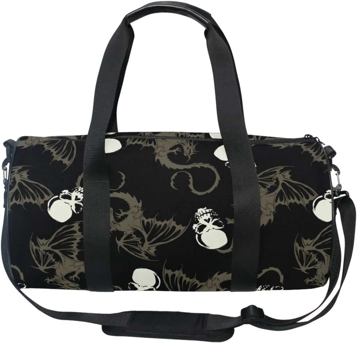 Seamless White Skull with Retro Wings Flying Dragon on Dark Black Duffel Bag, Foldable Canvas Travel Tote for Gym Sports with Inner Pockets, Durable Lightweight Fitness Bag for Overnight Workout
