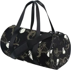Seamless White Skull with Retro Wings Flying Dragon on Dark Black Duffel Bag, Foldable Canvas Travel Tote for Gym Sports with Inner Pockets, Durable Lightweight Fitness Bag for Overnight Workout