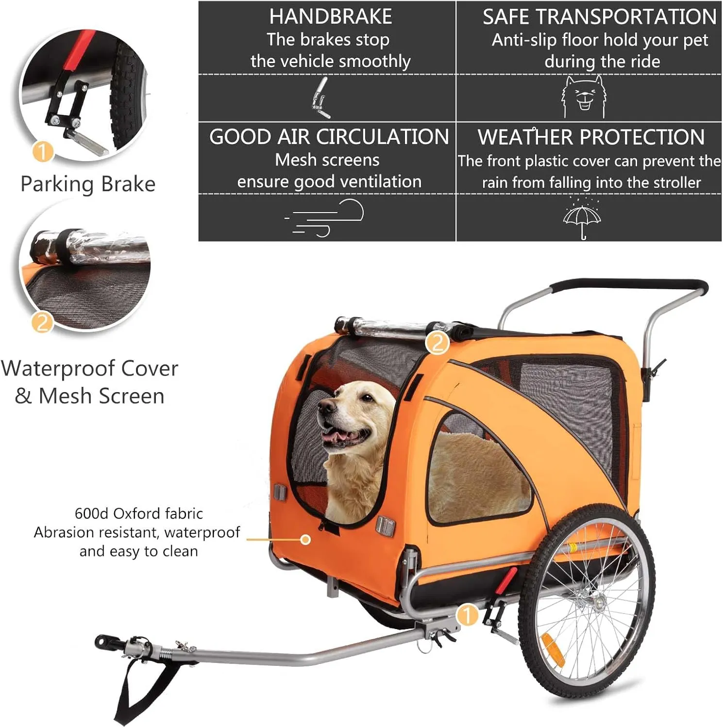 Sepnine Dog Cart of 2 in 1 Large Pet Dog Bike Trailer Bicycle Trailer, Foldable Frame with Hand Lock Brakes and Universal Bicycle Coupler (Orange)