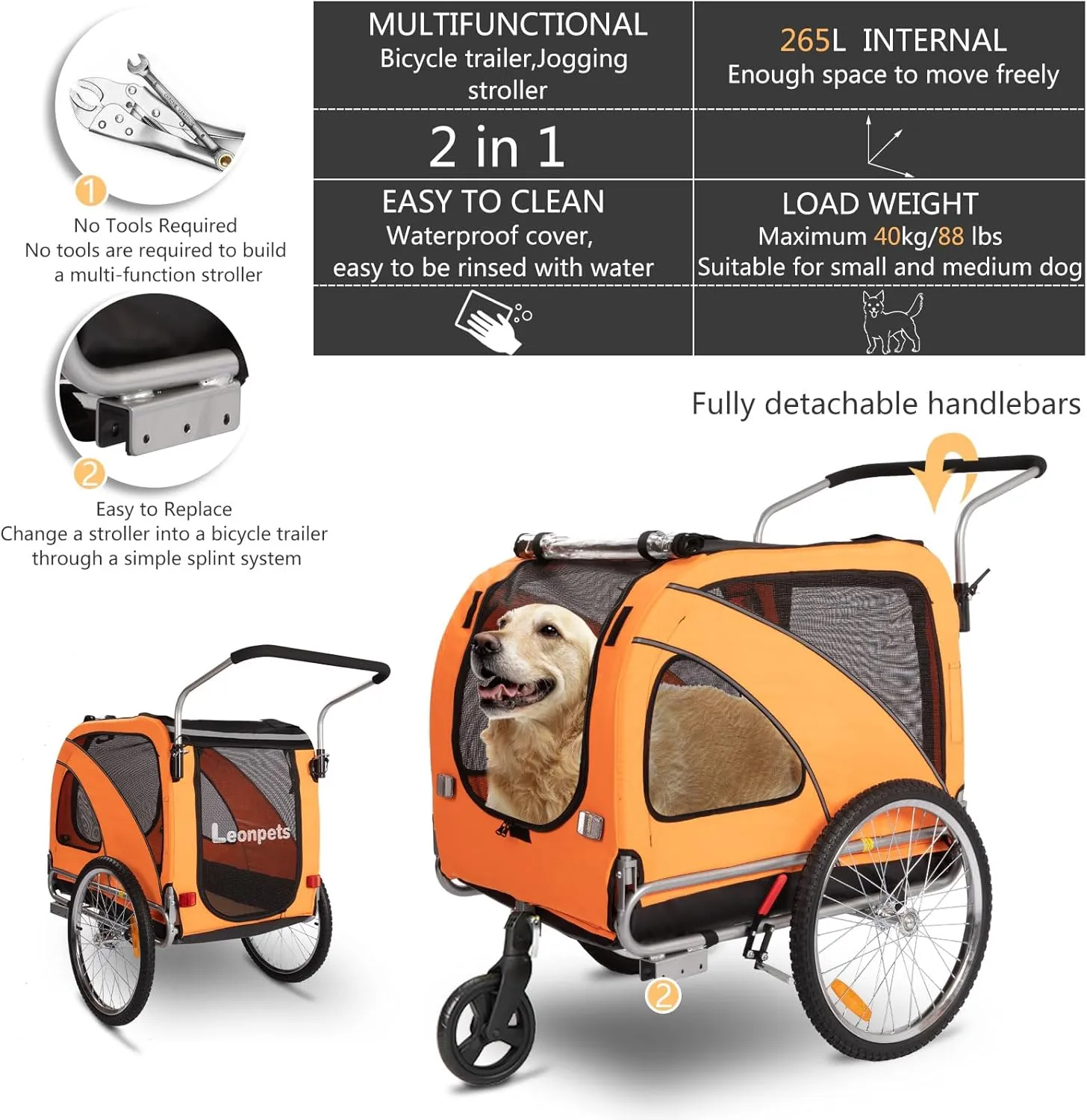 Sepnine Dog Cart of 2 in 1 Large Pet Dog Bike Trailer Bicycle Trailer, Foldable Frame with Hand Lock Brakes and Universal Bicycle Coupler (Orange)