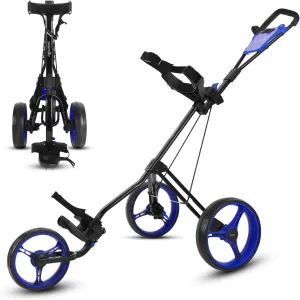 SereneLife 3 Wheel Golf Push Pull Cart – Lightweight, Foldable, Bag Holder with Adjustable Handle, Caddy Accessories, Compact Folding Golf Trolley for Travel