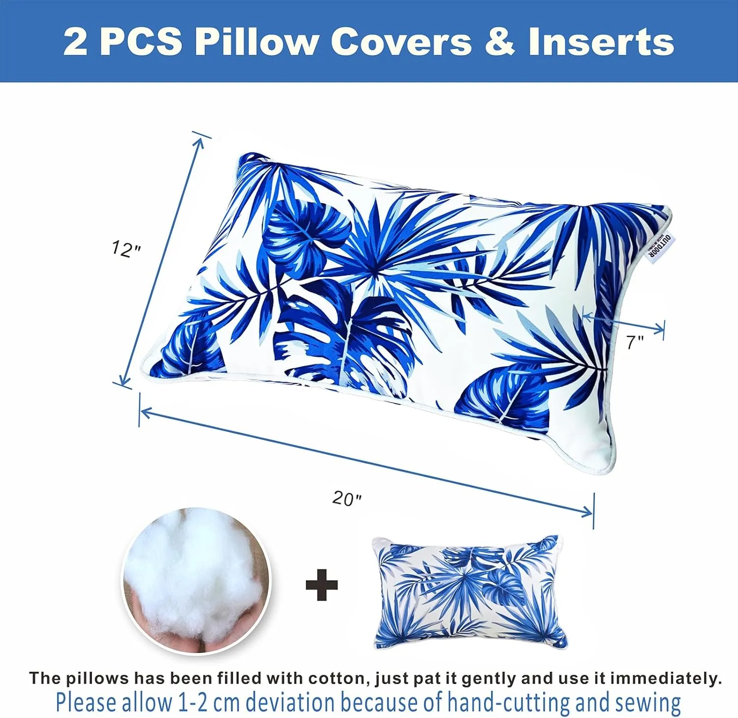 Set of 2 Patio Lumbar Pillows, 12”x20” Fade Resistant Outdoor Waterproof Lumbar Pillow with Inners, Decorative Garden Lumbar Cushions for Home Patio Terrace Sofa Use