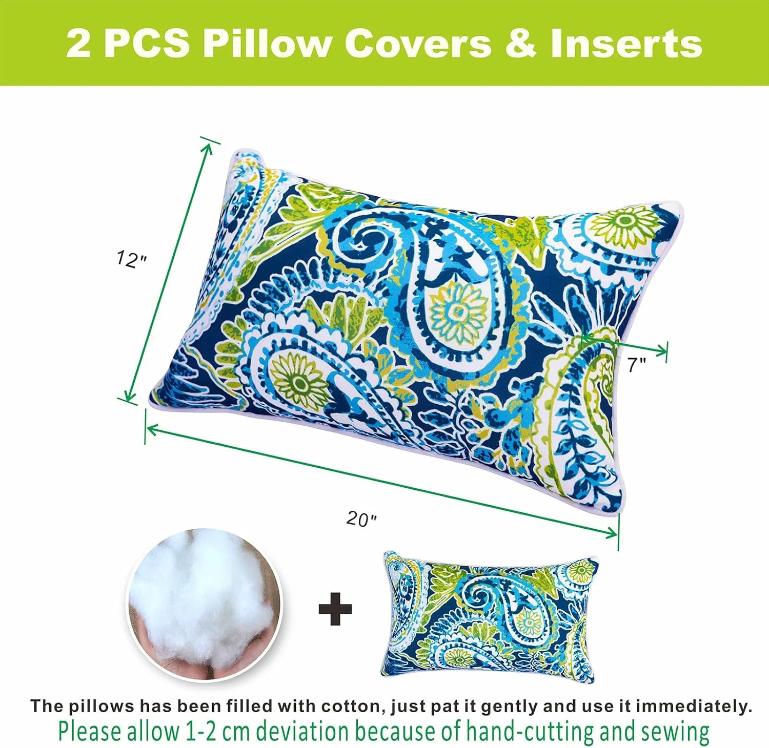 Set of 2 Patio Lumbar Pillows, 12”x20” Fade Resistant Outdoor Waterproof Lumbar Pillow with Inners, Decorative Garden Lumbar Cushions for Home Patio Terrace Sofa