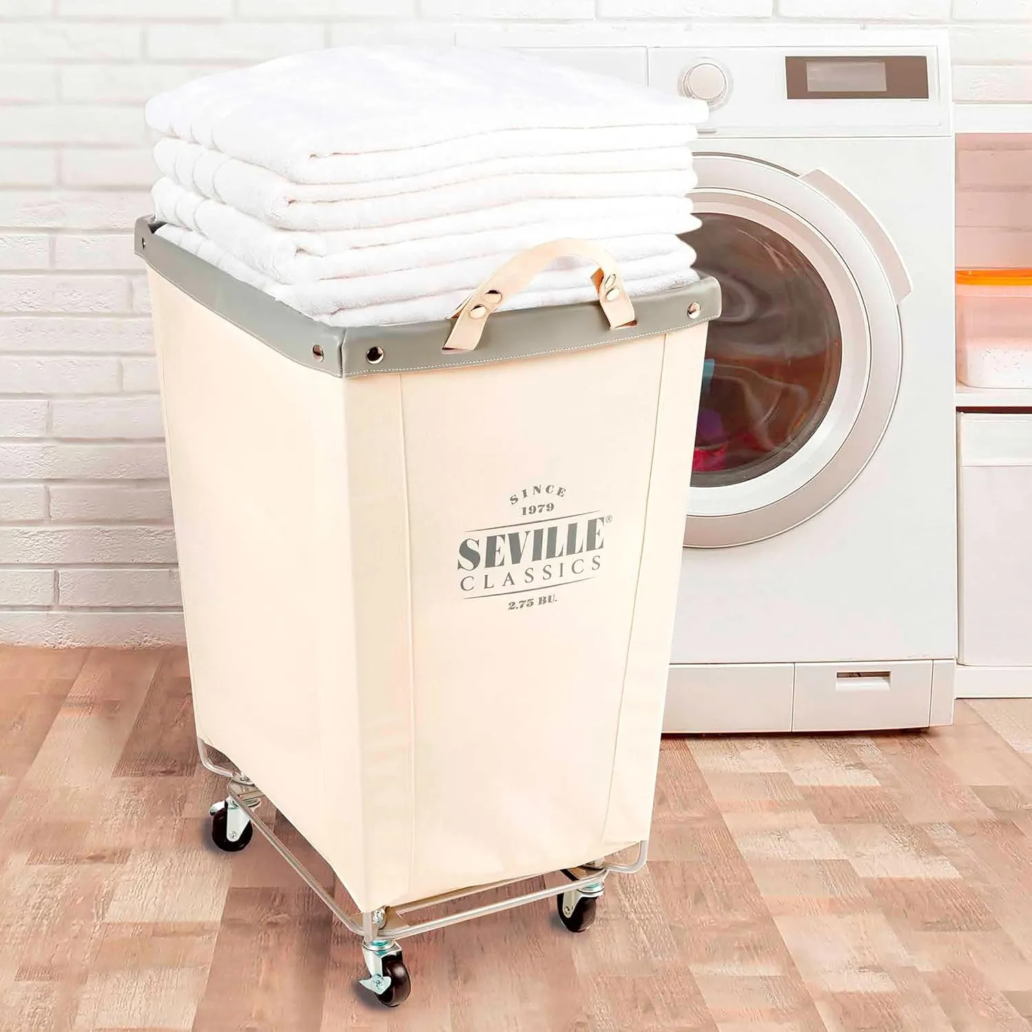 Seville Classics Large Commercial Heavy Duty Rolling Steel Frame Laundry Hamper Canvas Cart Bin, w/Wheels for Hotel, Home, Closet, Bedroom (PATENTED), Cream, 22" D x 16" W