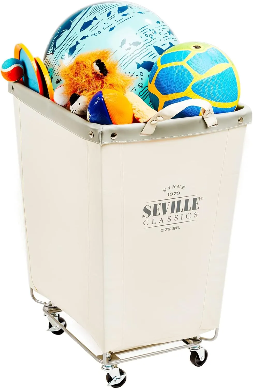 Seville Classics Large Commercial Heavy Duty Rolling Steel Frame Laundry Hamper Canvas Cart Bin, w/Wheels for Hotel, Home, Closet, Bedroom (PATENTED), Cream, 22" D x 16" W