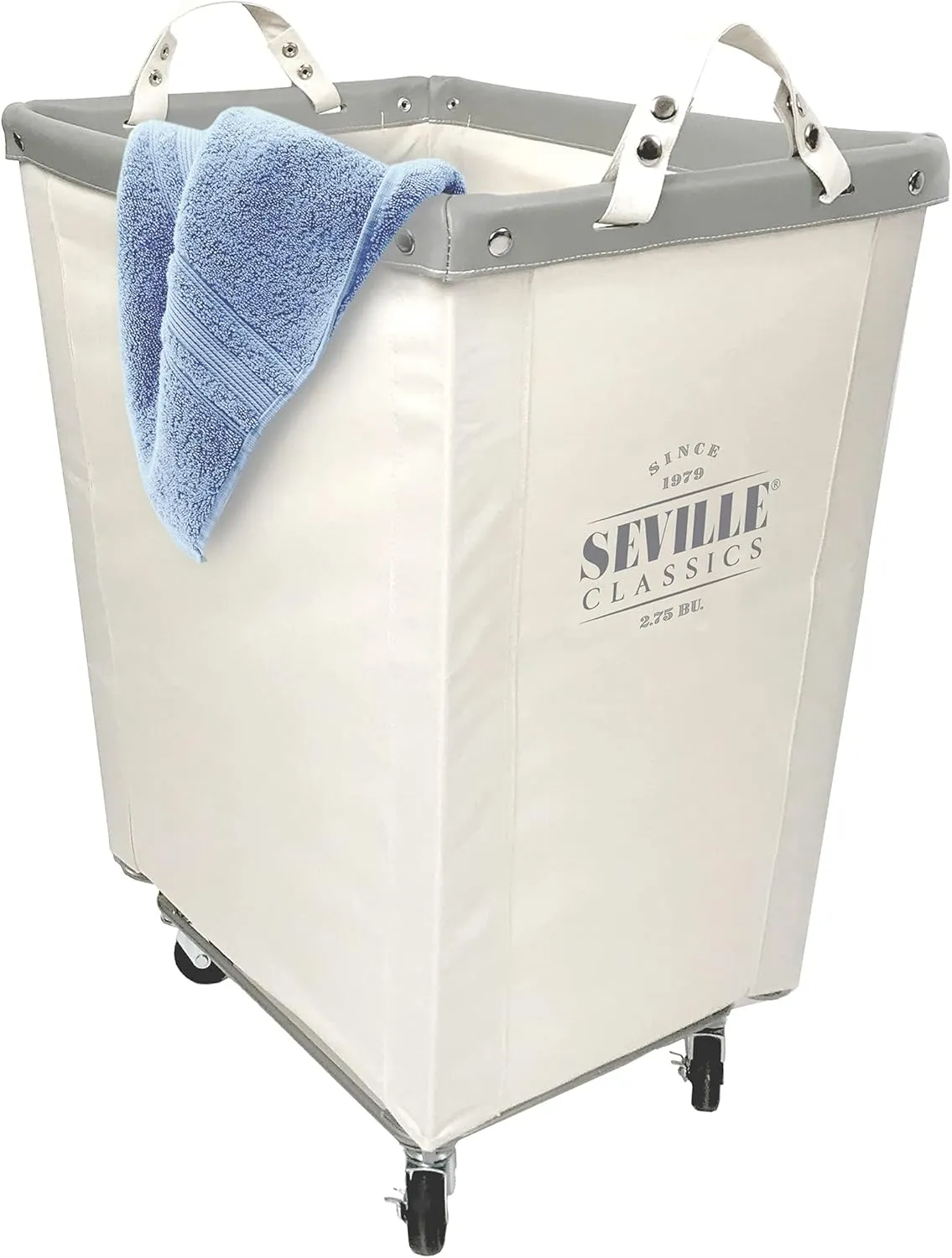Seville Classics Large Commercial Heavy Duty Rolling Steel Frame Laundry Hamper Canvas Cart Bin, w/Wheels for Hotel, Home, Closet, Bedroom (PATENTED), Cream, 22" D x 16" W