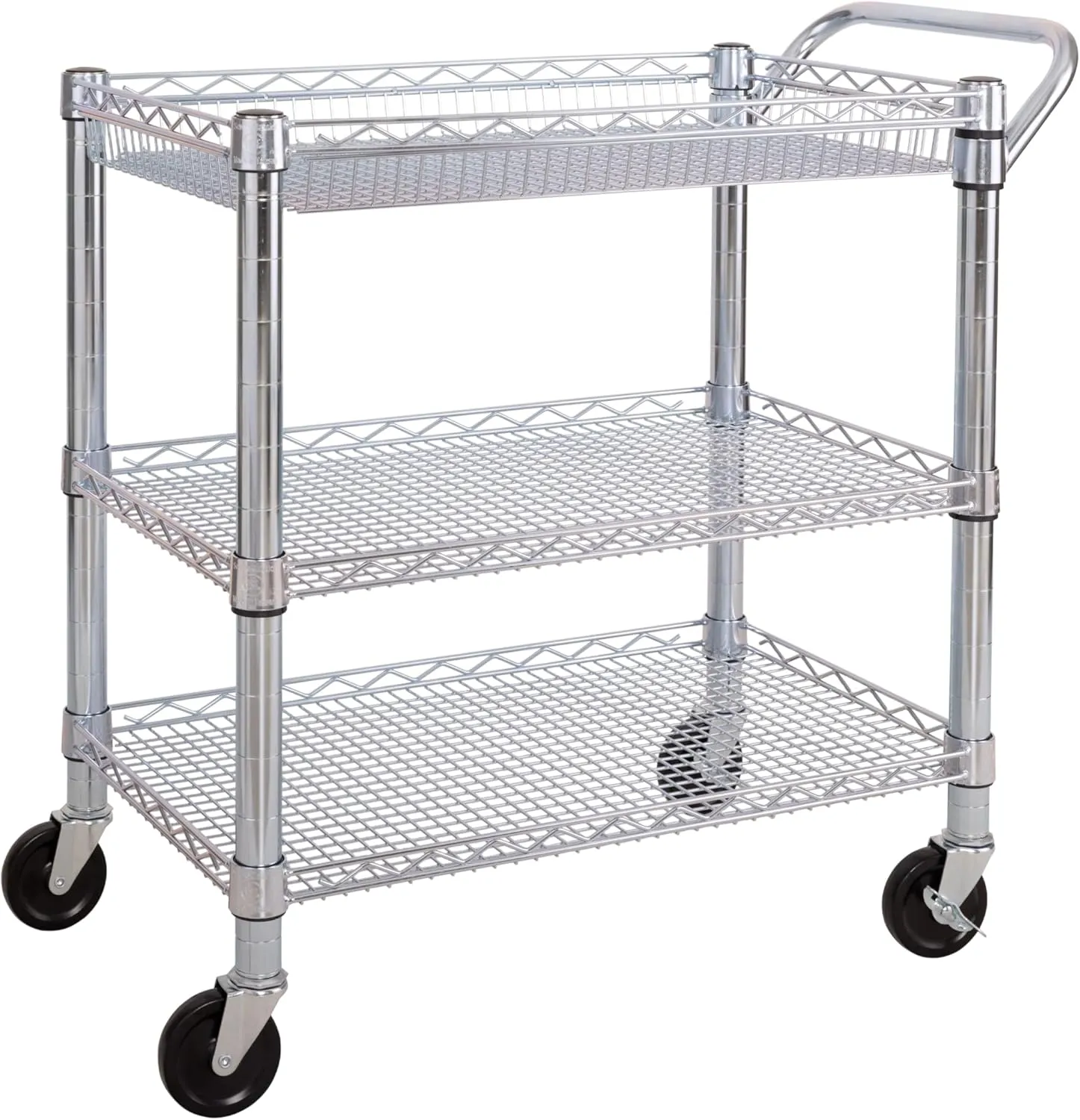 Seville Classics UltraDurable NSF Commercial Heavy Duty Metal Rolling Utility Cart, w/ Steel Shelves, Handle Bar for Restaurant, Garage, Warehouse, Kitchen, Office, Deep Top Basket (34.75"W x 18.25"D)