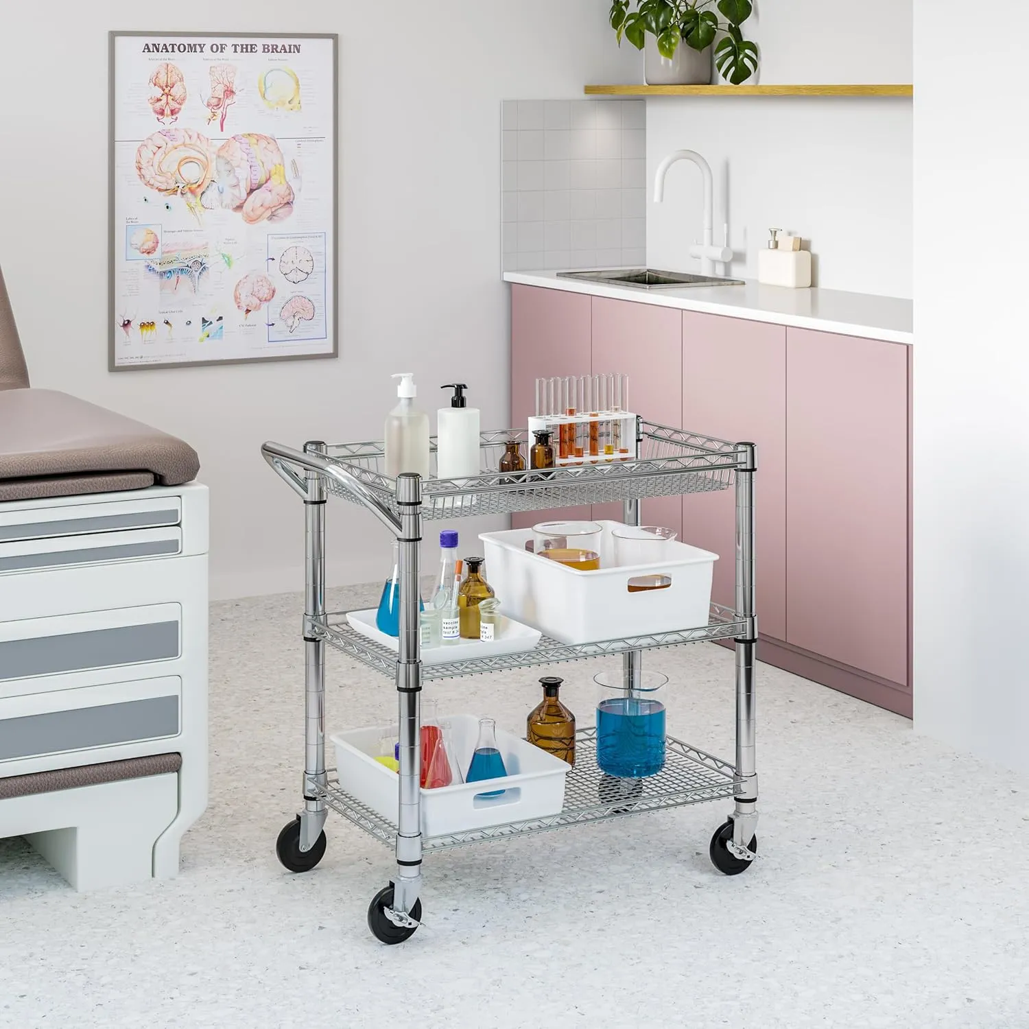 Seville Classics UltraDurable NSF Commercial Heavy Duty Metal Rolling Utility Cart, w/ Steel Shelves, Handle Bar for Restaurant, Garage, Warehouse, Kitchen, Office, Deep Top Basket (34.75"W x 18.25"D)
