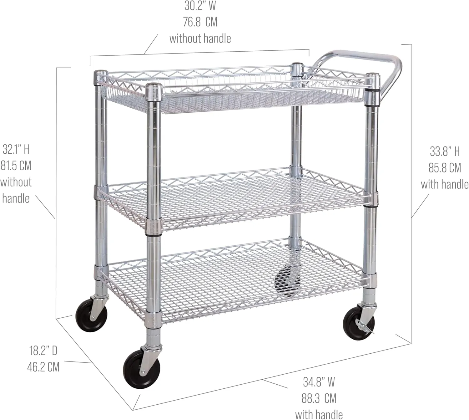 Seville Classics UltraDurable NSF Commercial Heavy Duty Metal Rolling Utility Cart, w/ Steel Shelves, Handle Bar for Restaurant, Garage, Warehouse, Kitchen, Office, Deep Top Basket (34.75"W x 18.25"D)