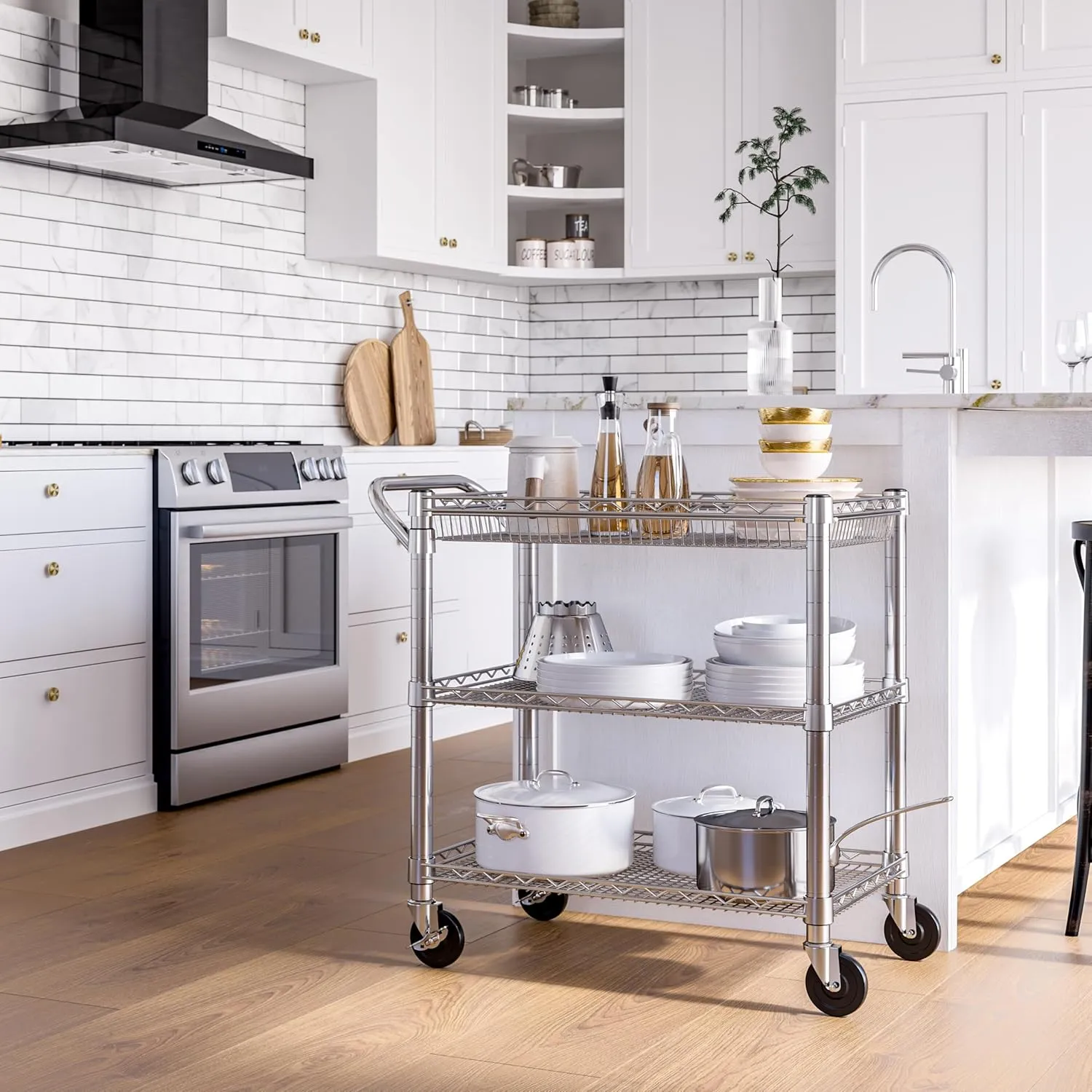 Seville Classics UltraDurable NSF Commercial Heavy Duty Metal Rolling Utility Cart, w/ Steel Shelves, Handle Bar for Restaurant, Garage, Warehouse, Kitchen, Office, Deep Top Basket (34.75"W x 18.25"D)