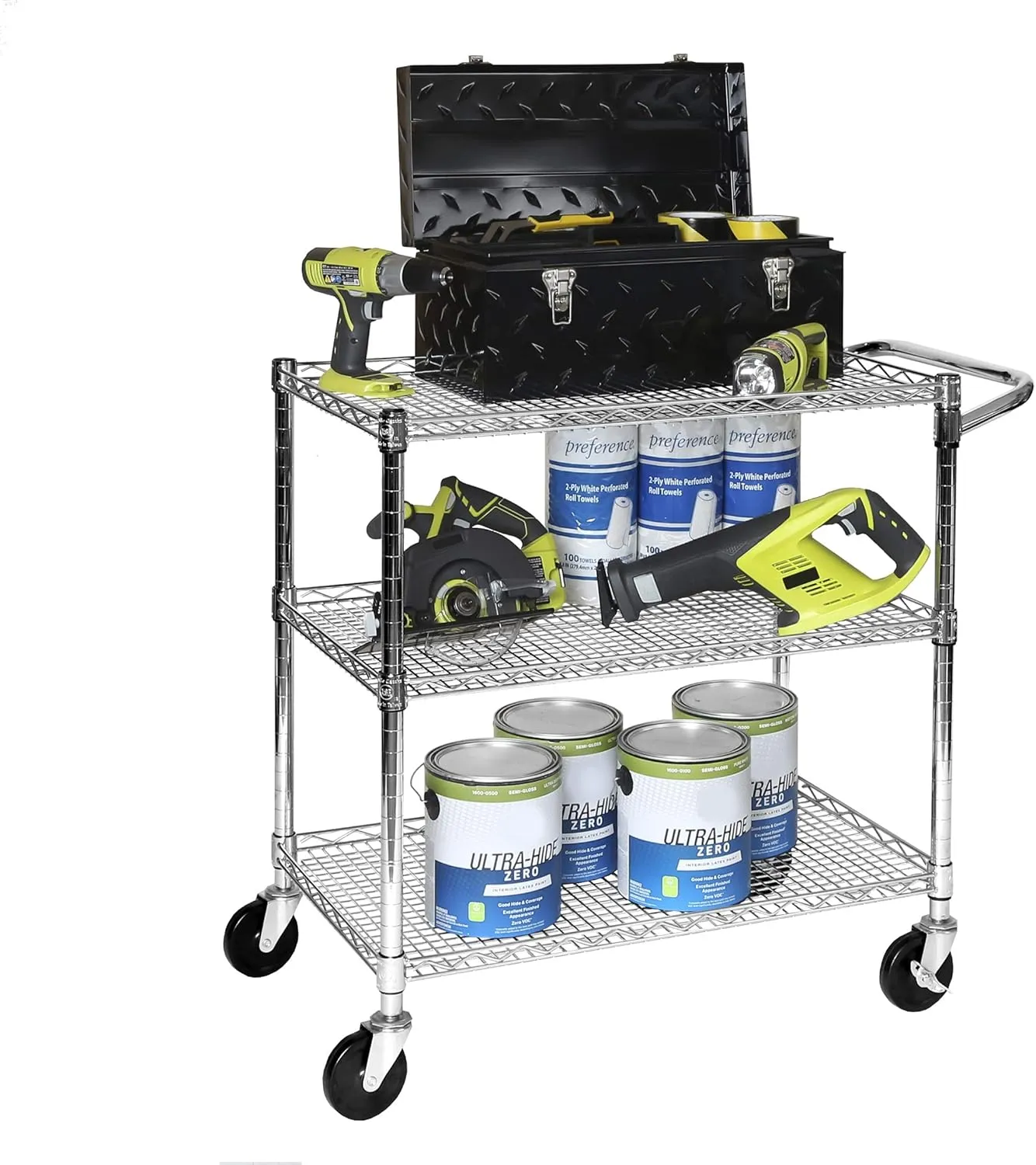 Seville Classics UltraDurable NSF Commercial Heavy Duty Metal Rolling Utility Cart, w/ Steel Shelves, Handle Bar for Restaurant, Garage, Warehouse, Kitchen, Office, Top Shelf (36"W x 18"D)