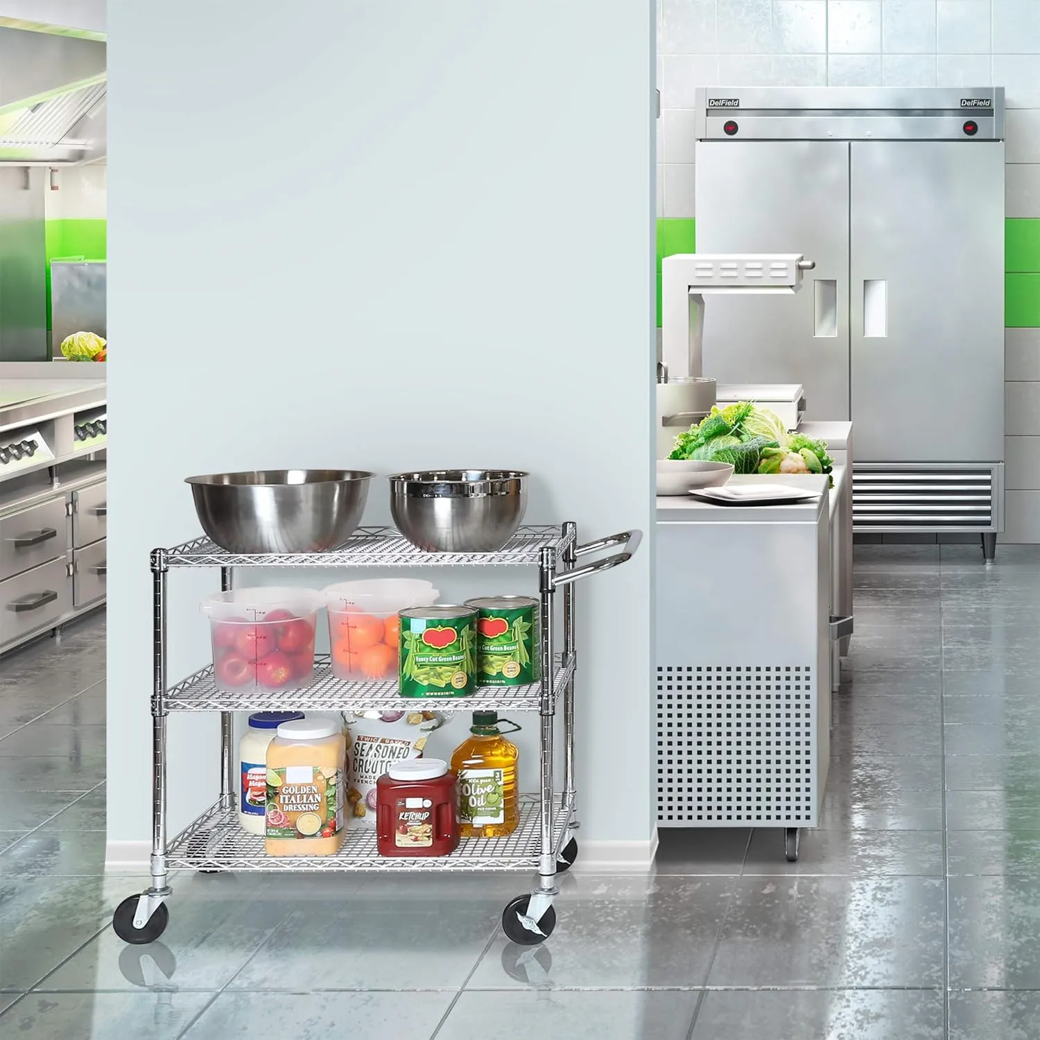 Seville Classics UltraDurable NSF Commercial Heavy Duty Metal Rolling Utility Cart, w/ Steel Shelves, Handle Bar for Restaurant, Garage, Warehouse, Kitchen, Office, Top Shelf (36"W x 18"D)