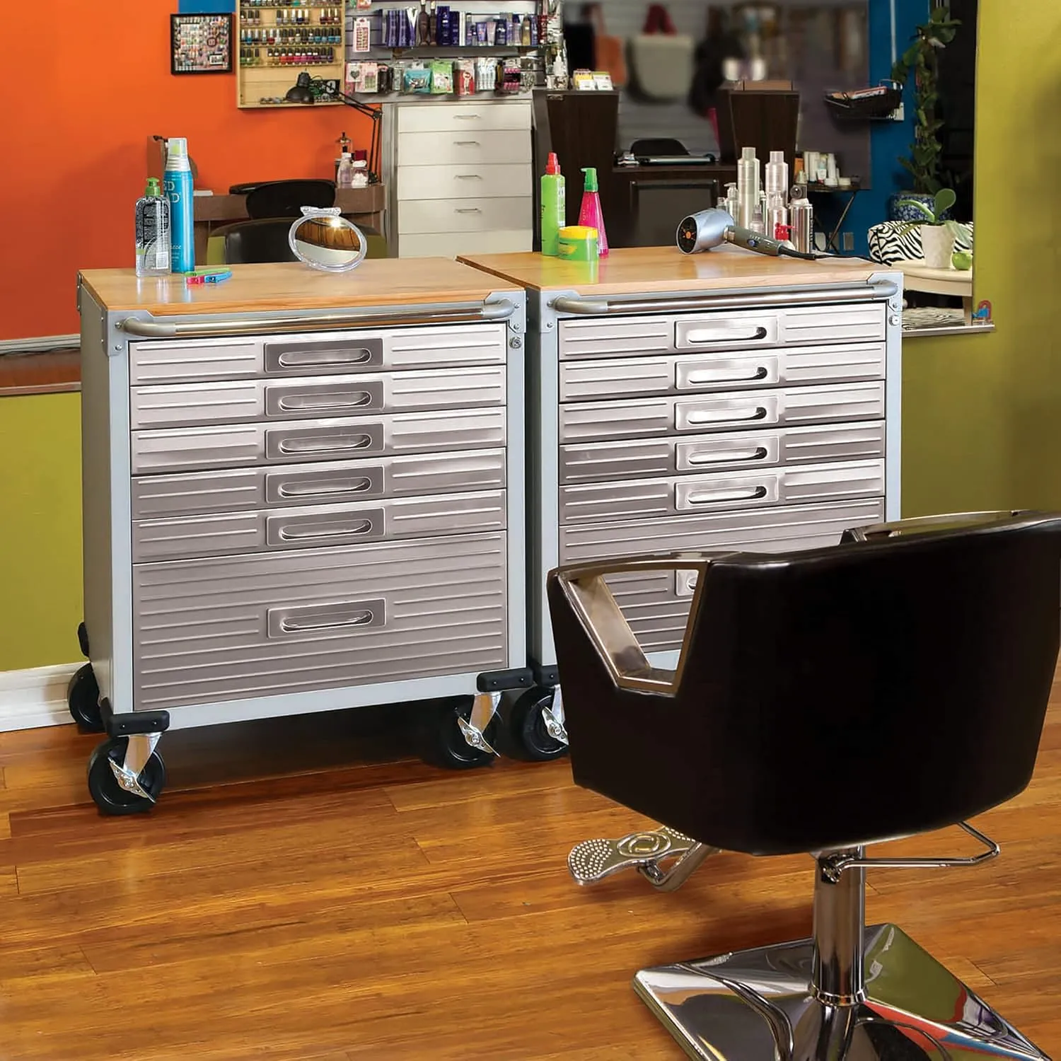 Seville Classics UltraHD Heavy Duty Rolling Cabinet Workbench Table w/Solid Wood Top, Workstation for Garage, Office, Workshop, Granite, 6-Drawer (28" W x 18" D