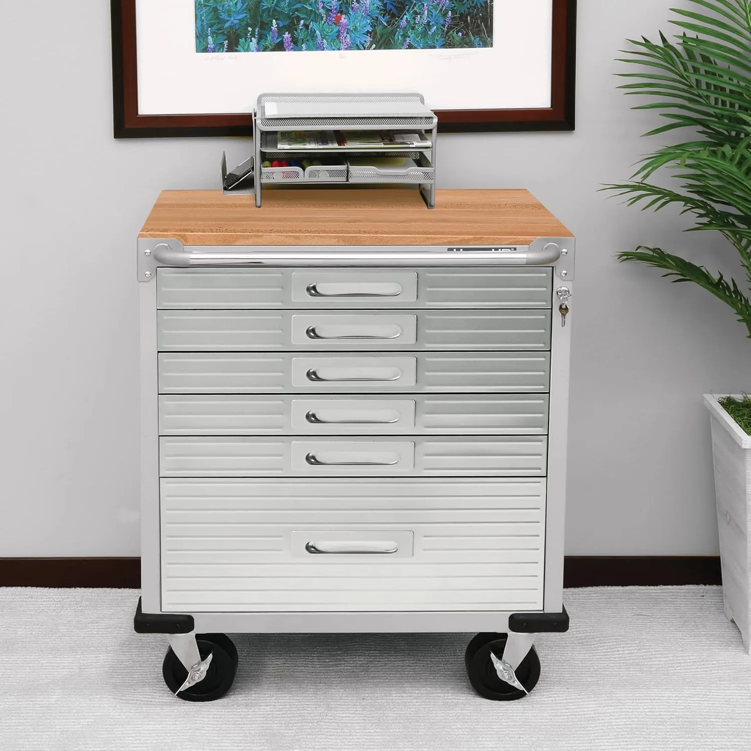 Seville Classics UltraHD Heavy Duty Rolling Cabinet Workbench Table w/Solid Wood Top, Workstation for Garage, Office, Workshop, Granite, 6-Drawer (28" W x 18" D