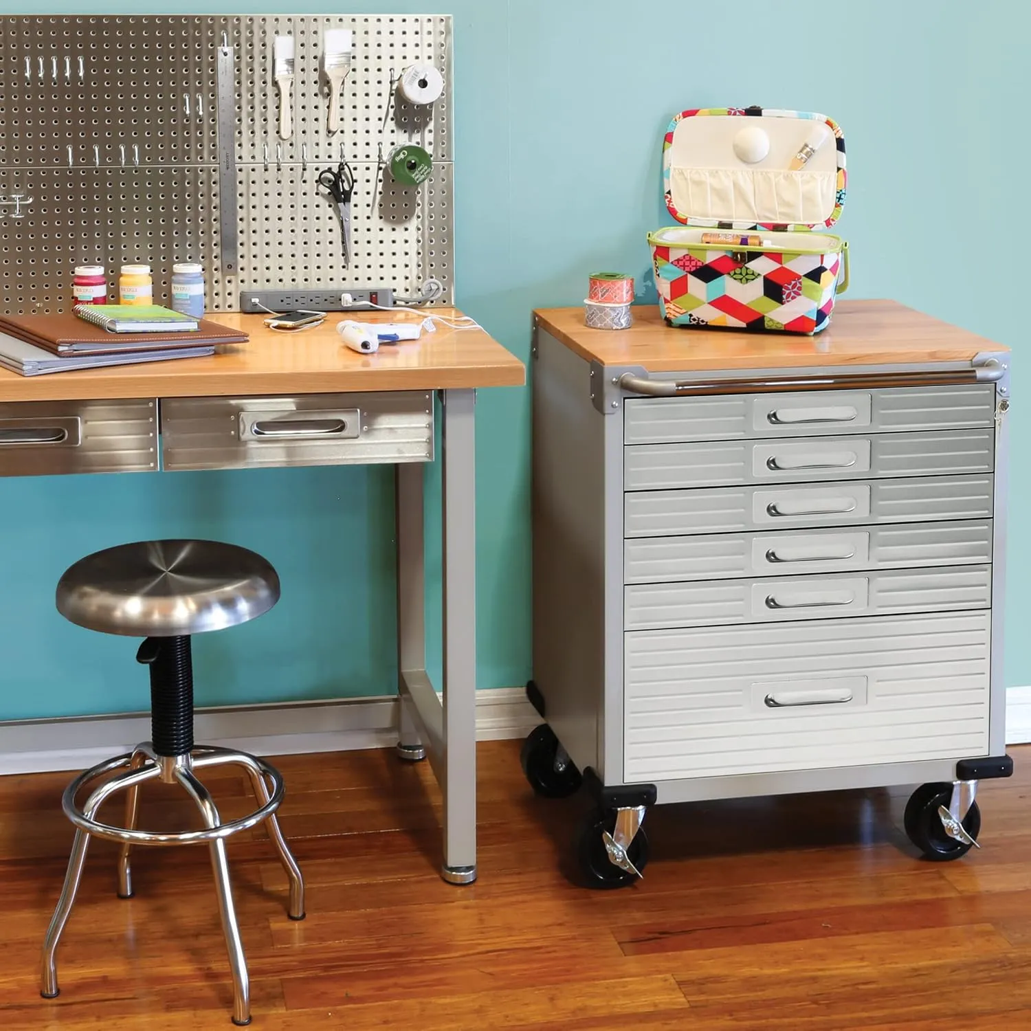 Seville Classics UltraHD Heavy Duty Rolling Cabinet Workbench Table w/Solid Wood Top, Workstation for Garage, Office, Workshop, Granite, 6-Drawer (28" W x 18" D