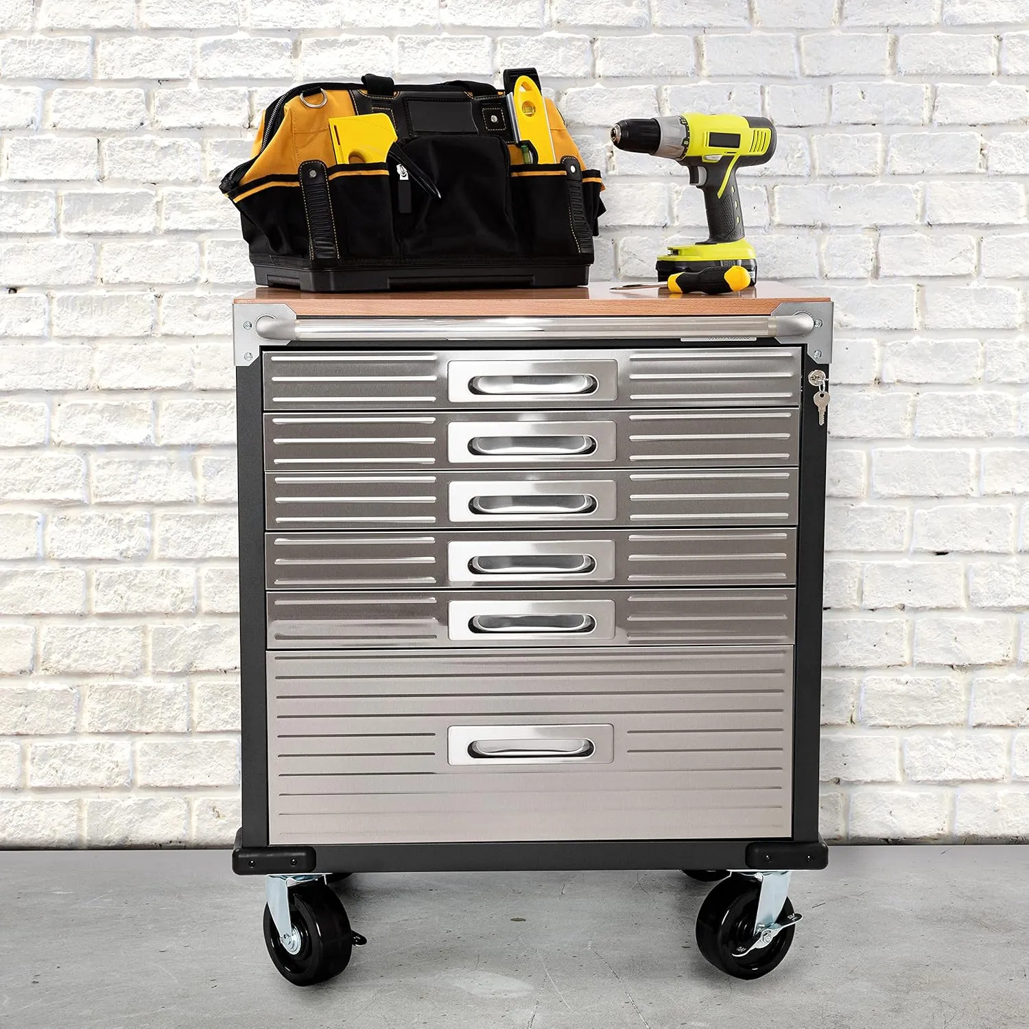 Seville Classics UltraHD Heavy Duty Rolling Cabinet Workbench Table w/Solid Wood Top, Workstation for Garage, Office, Workshop, Graphite, 6-Drawer (28" W x 18" D
