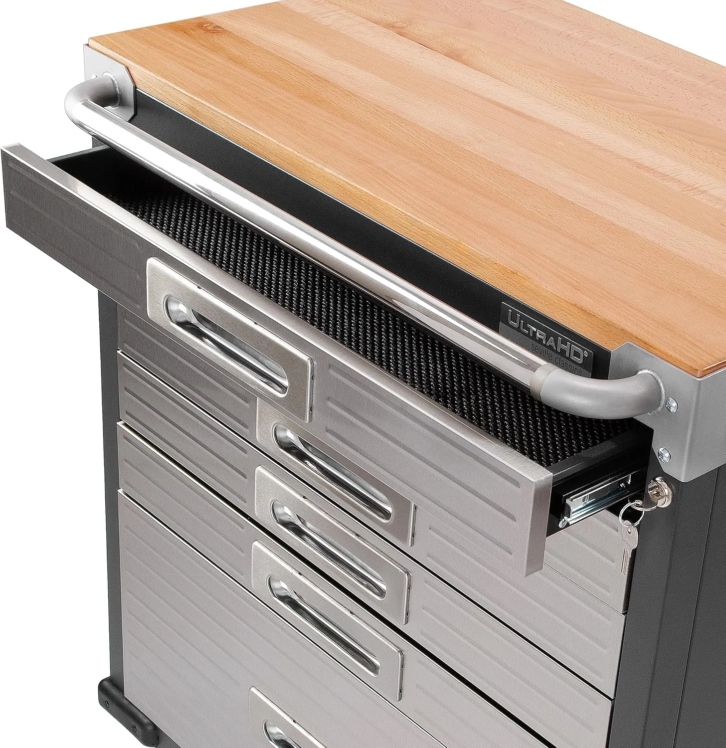 Seville Classics UltraHD Heavy Duty Rolling Cabinet Workbench Table w/Solid Wood Top, Workstation for Garage, Office, Workshop, Graphite, 6-Drawer (28" W x 18" D