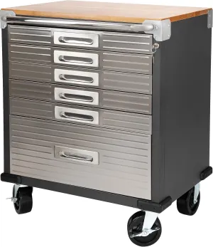 Seville Classics UltraHD Heavy Duty Rolling Cabinet Workbench Table w/Solid Wood Top, Workstation for Garage, Office, Workshop, Graphite, 6-Drawer (28" W x 18" D