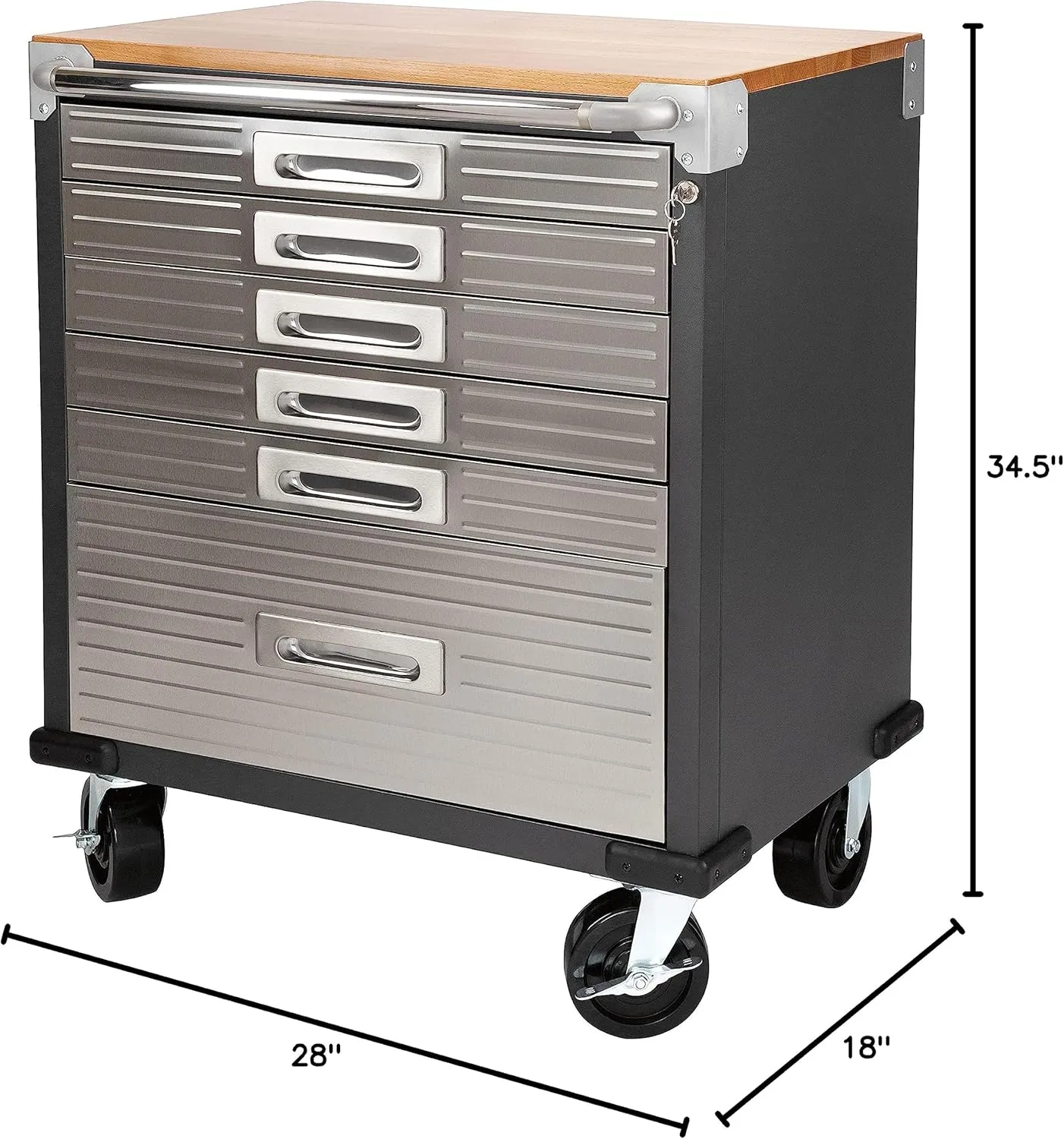 Seville Classics UltraHD Heavy Duty Rolling Cabinet Workbench Table w/Solid Wood Top, Workstation for Garage, Office, Workshop, Graphite, 6-Drawer (28" W x 18" D
