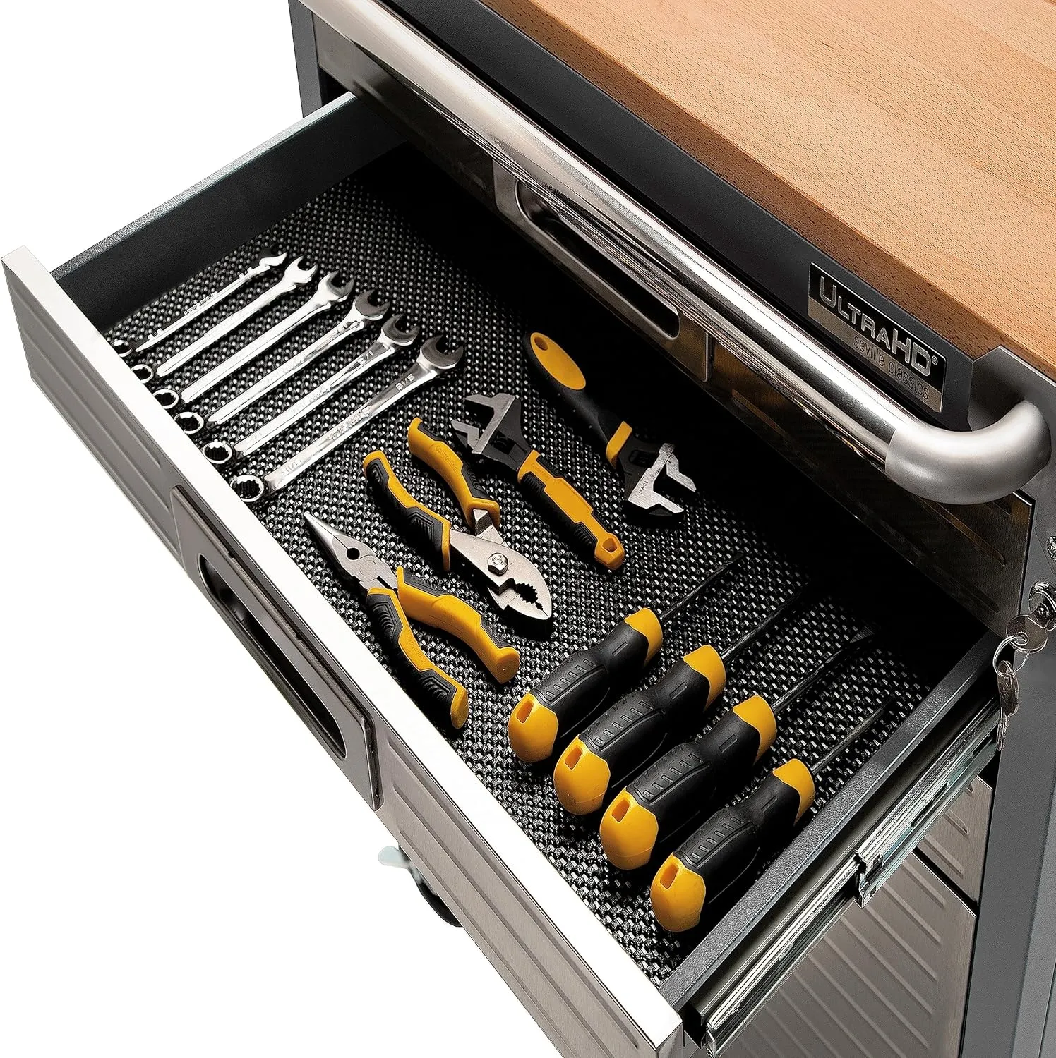 Seville Classics UltraHD Heavy Duty Rolling Cabinet Workbench Table w/Solid Wood Top, Workstation for Garage, Office, Workshop, Graphite, 6-Drawer (28" W x 18" D