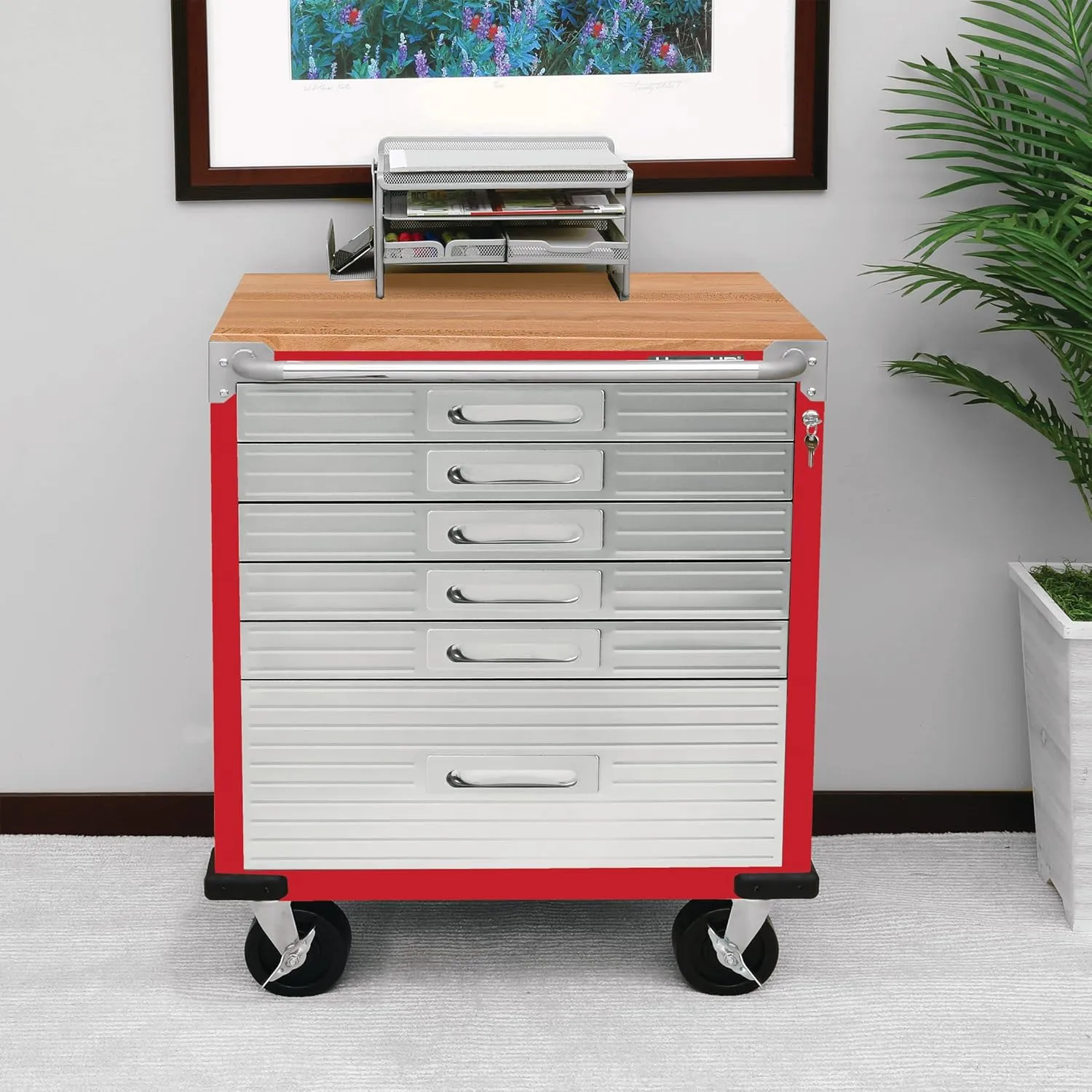 Seville Classics UltraHD Heavy Duty Rolling Cabinet Workbench Table w/Solid Wood Top, Workstation for Garage, Office, Workshop, Red, 6-Drawer (28" W x 18" D