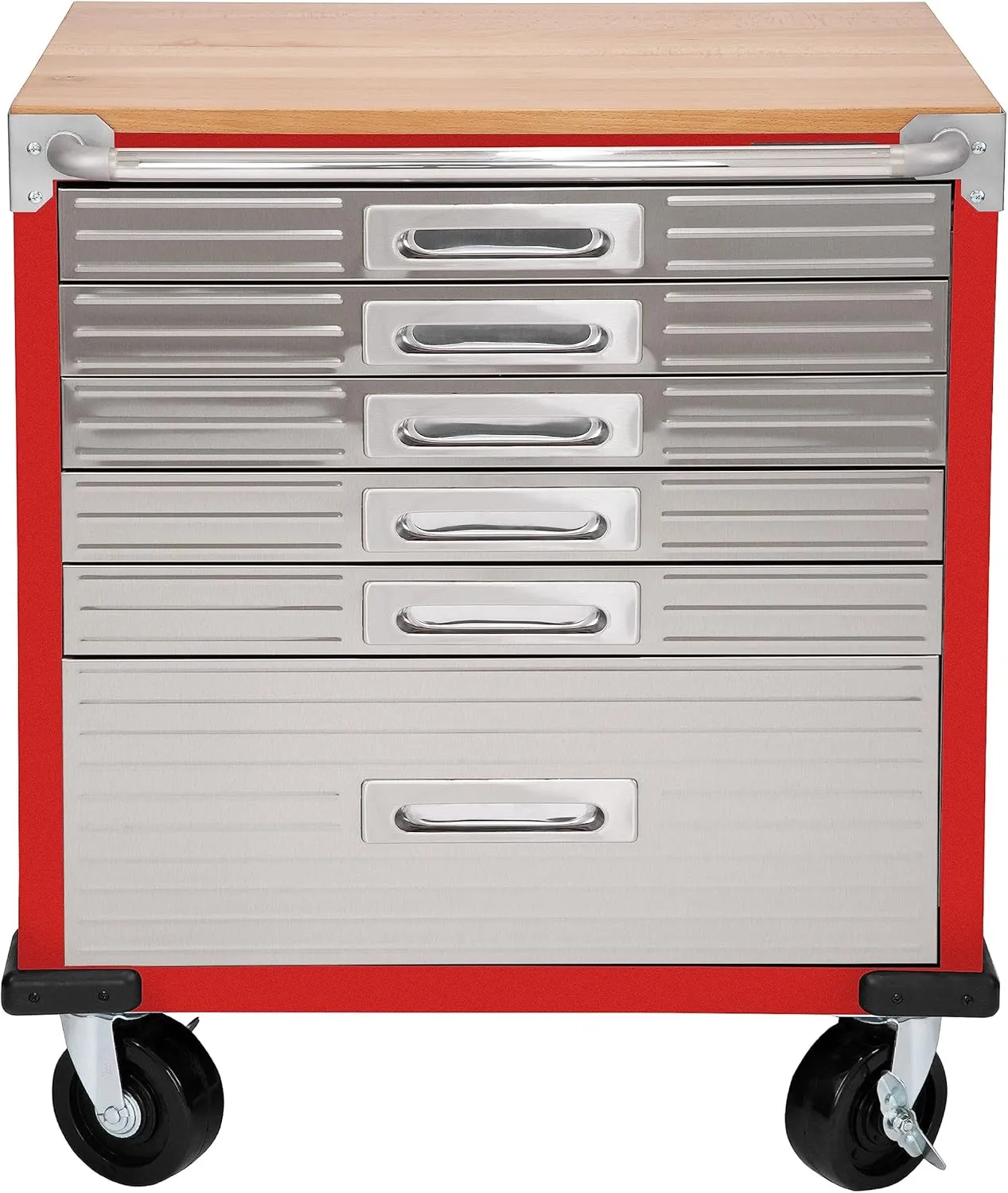 Seville Classics UltraHD Heavy Duty Rolling Cabinet Workbench Table w/Solid Wood Top, Workstation for Garage, Office, Workshop, Red, 6-Drawer (28" W x 18" D