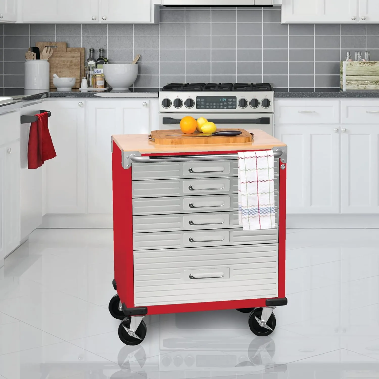 Seville Classics UltraHD Heavy Duty Rolling Cabinet Workbench Table w/Solid Wood Top, Workstation for Garage, Office, Workshop, Red, 6-Drawer (28" W x 18" D