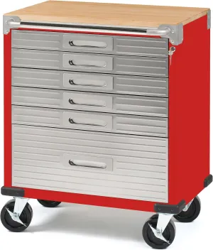 Seville Classics UltraHD Heavy Duty Rolling Cabinet Workbench Table w/Solid Wood Top, Workstation for Garage, Office, Workshop, Red, 6-Drawer (28" W x 18" D