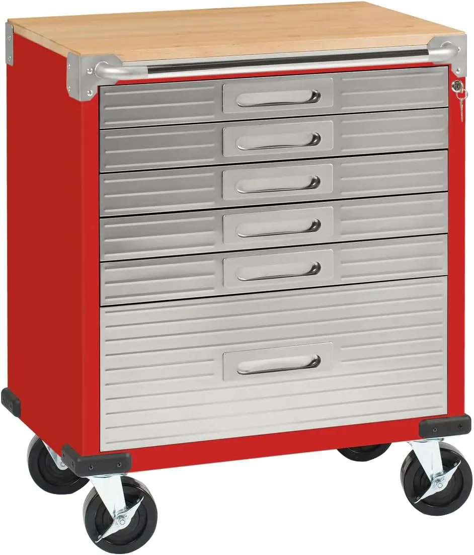 Seville Classics UltraHD Heavy Duty Rolling Cabinet Workbench Table w/Solid Wood Top, Workstation for Garage, Office, Workshop, Red, 6-Drawer (28" W x 18" D