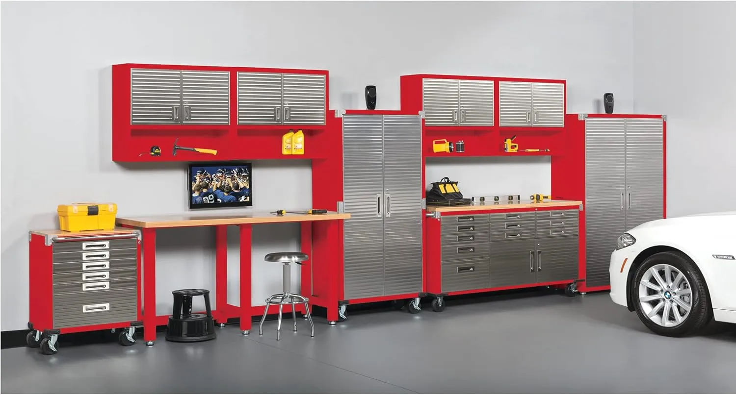 Seville Classics UltraHD Heavy Duty Rolling Cabinet Workbench Table w/Solid Wood Top, Workstation for Garage, Office, Workshop, Red, 6-Drawer (28" W x 18" D